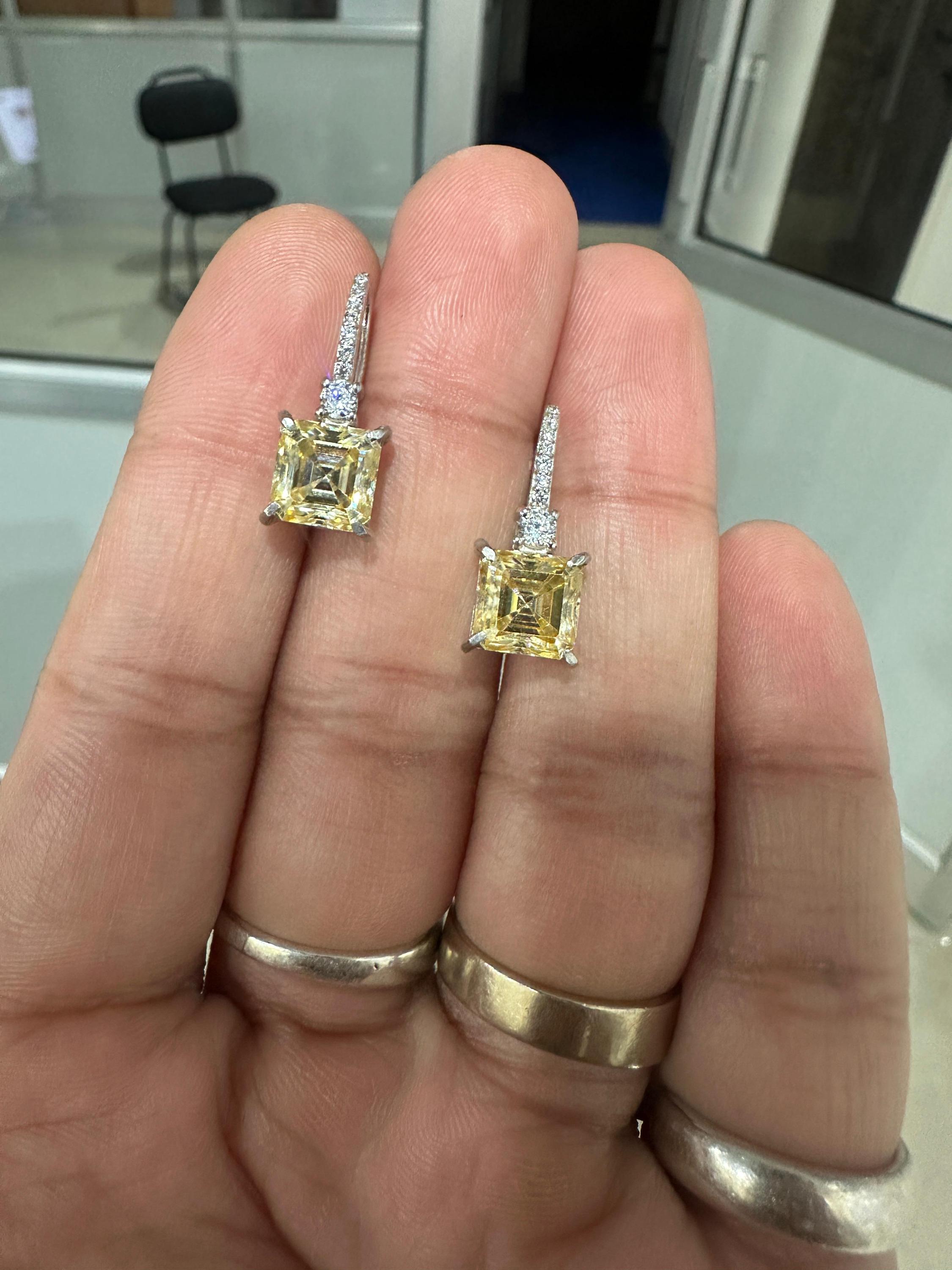 5 CT Yellow Moissanite Asscher Cut Drop Earrings | 14K White Gold, Diamond Accents