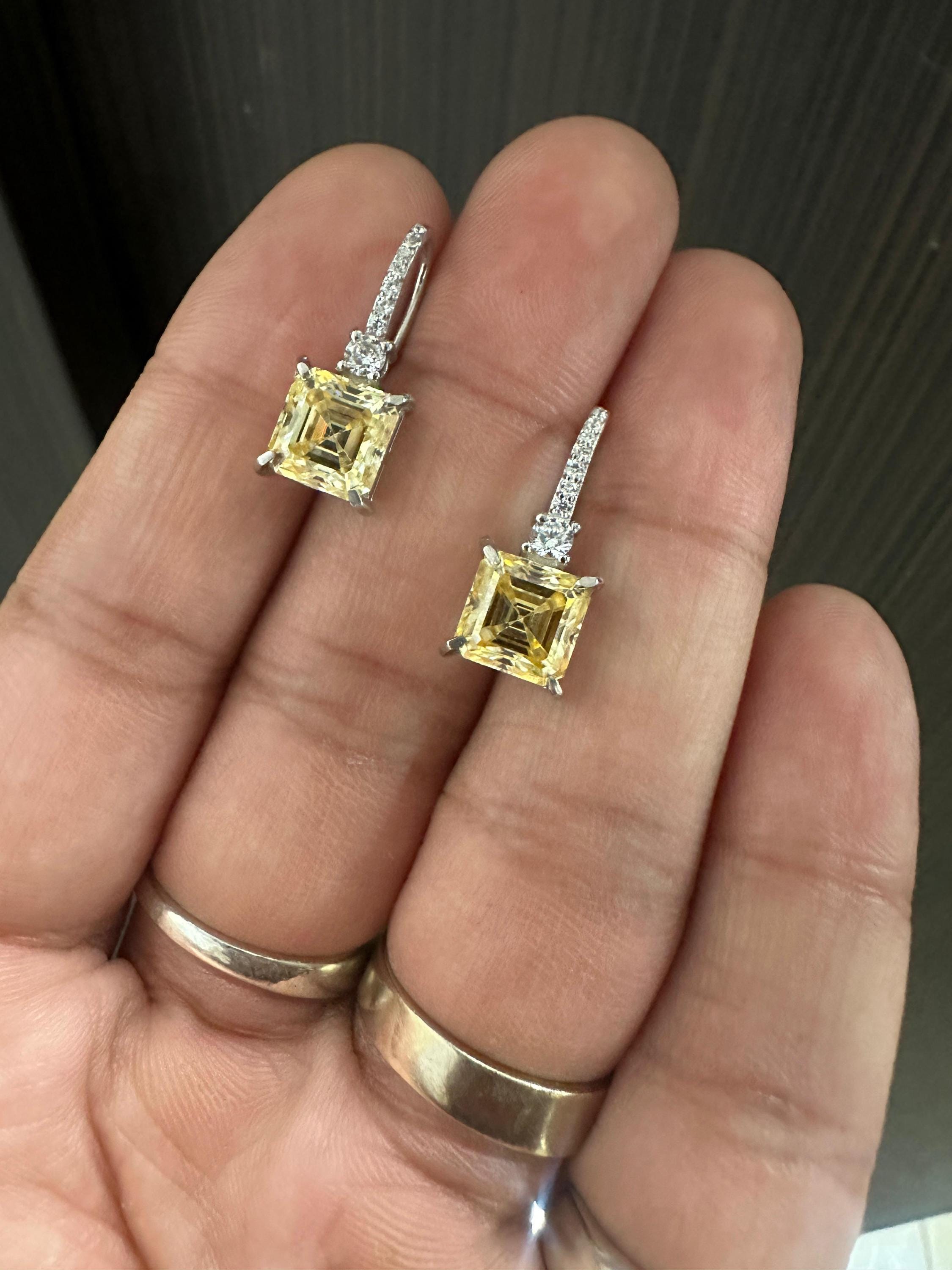 5 CT Yellow Moissanite Asscher Cut Drop Earrings | 14K White Gold, Diamond Accents