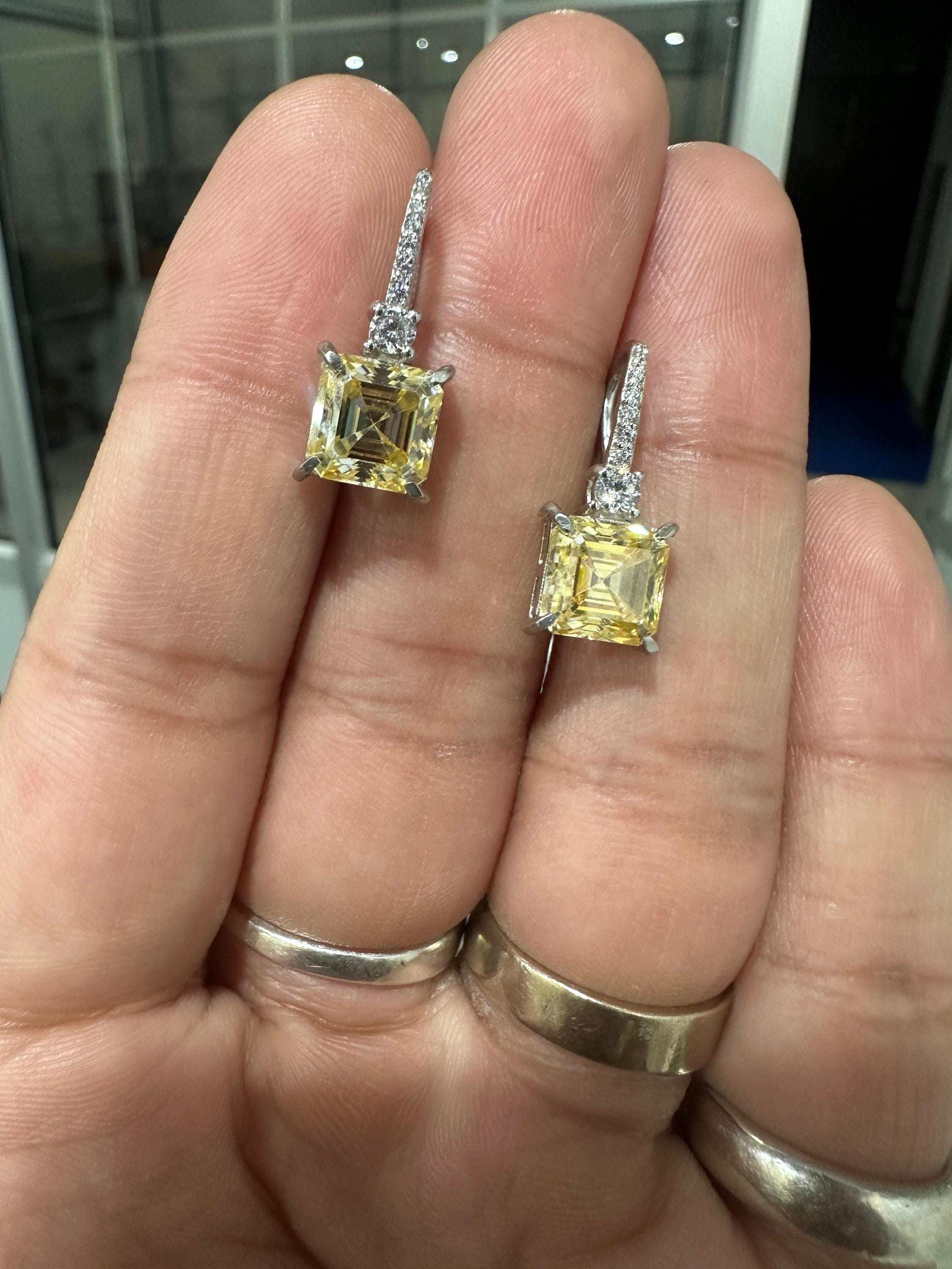 5 CT Yellow Moissanite Asscher Cut Drop Earrings | 14K White Gold, Diamond Accents