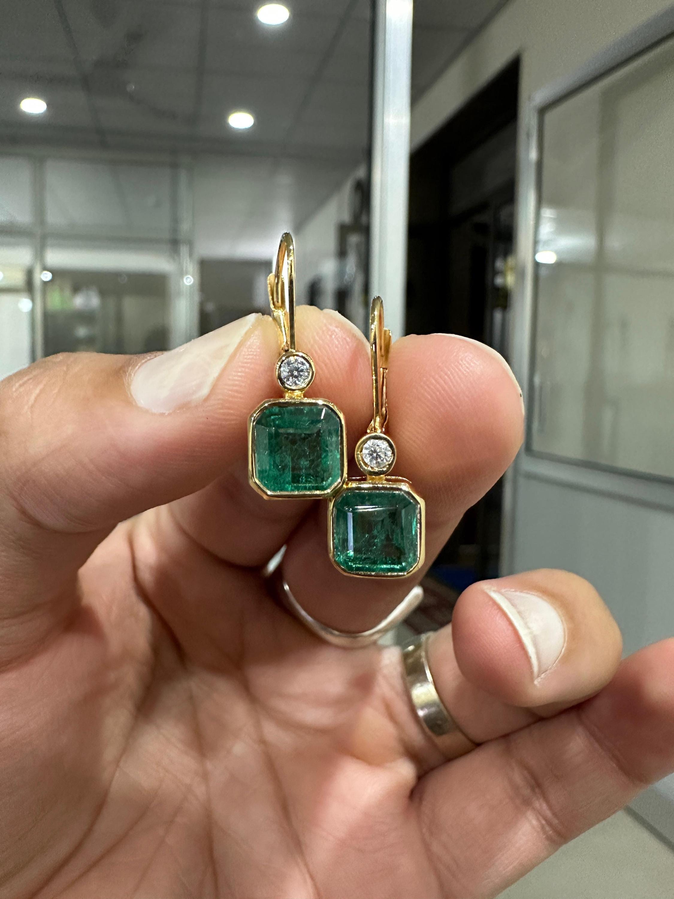 14K Gold Emerald Diamond Lever Back Earrings, Rare Gemstone Earrings