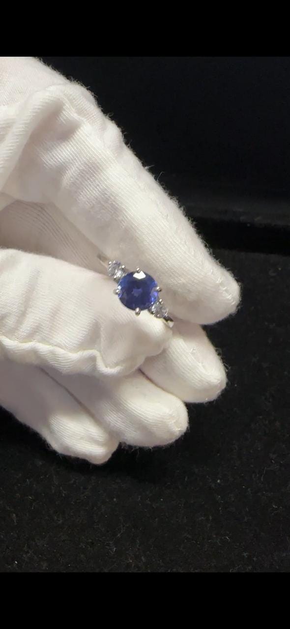 1 CT Round Tanzanite Engagement Ring, 14K White Gold Three Stone Moissanite Ring