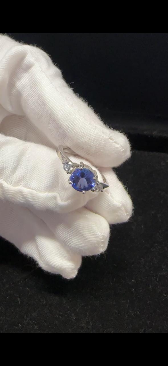 1 CT Round Tanzanite Engagement Ring, 14K White Gold Three Stone Moissanite Ring