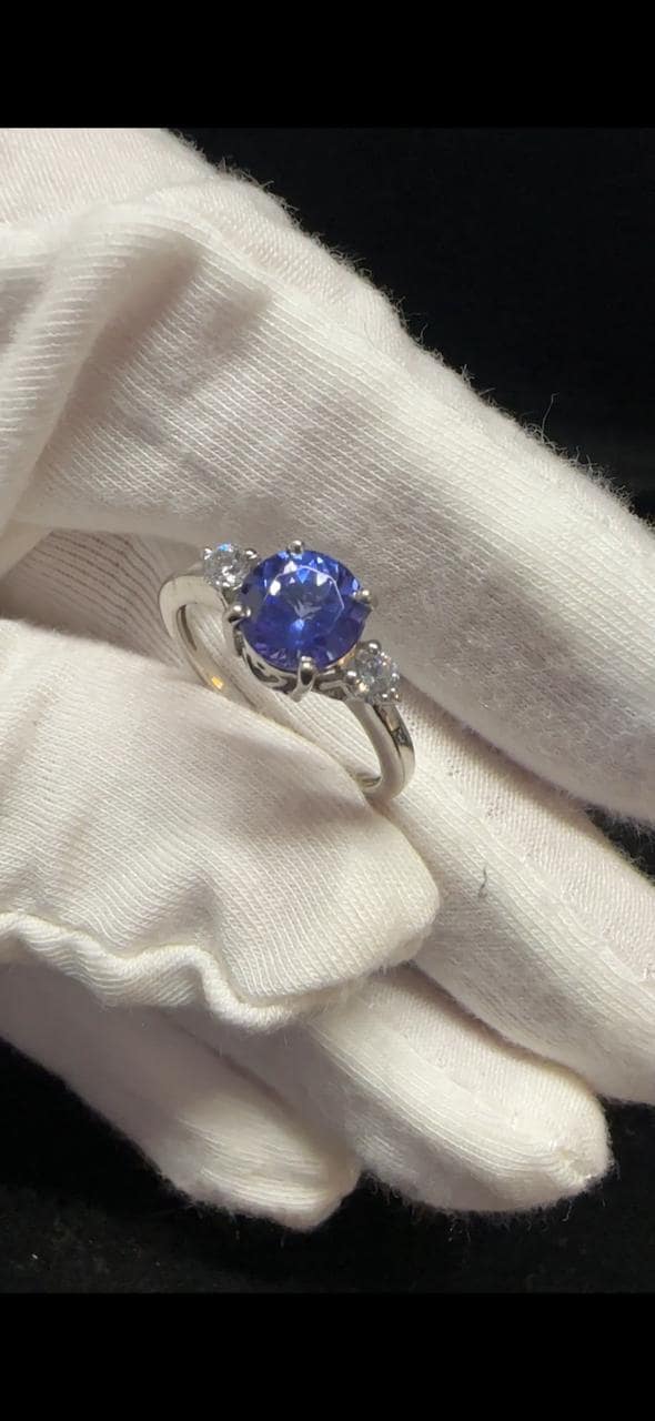 1 CT Round Tanzanite Engagement Ring, 14K White Gold Three Stone Moissanite Ring