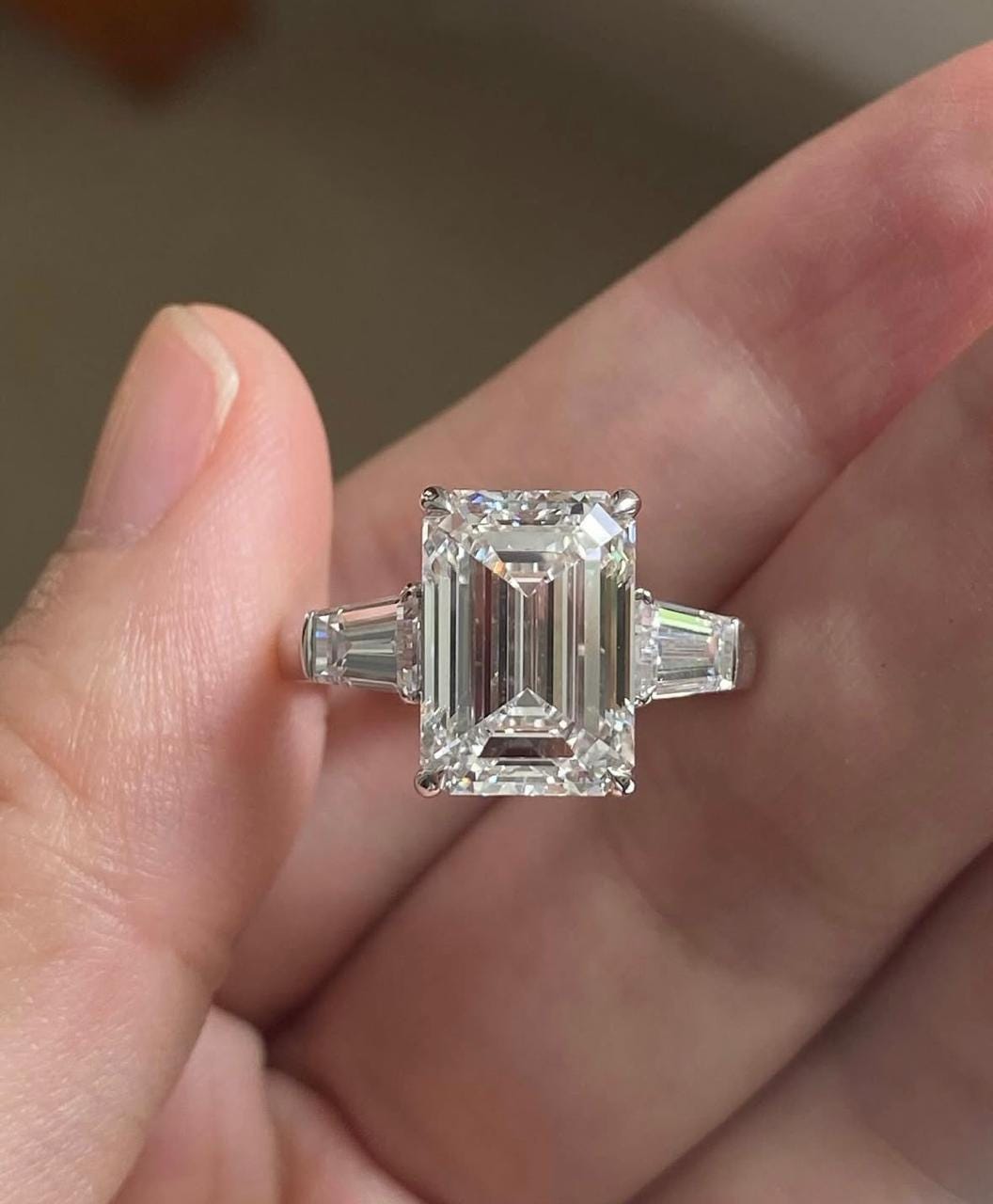 Emerald Cut Moissanite Engagement Ring: 14K White Gold Vermeil, Three Stone