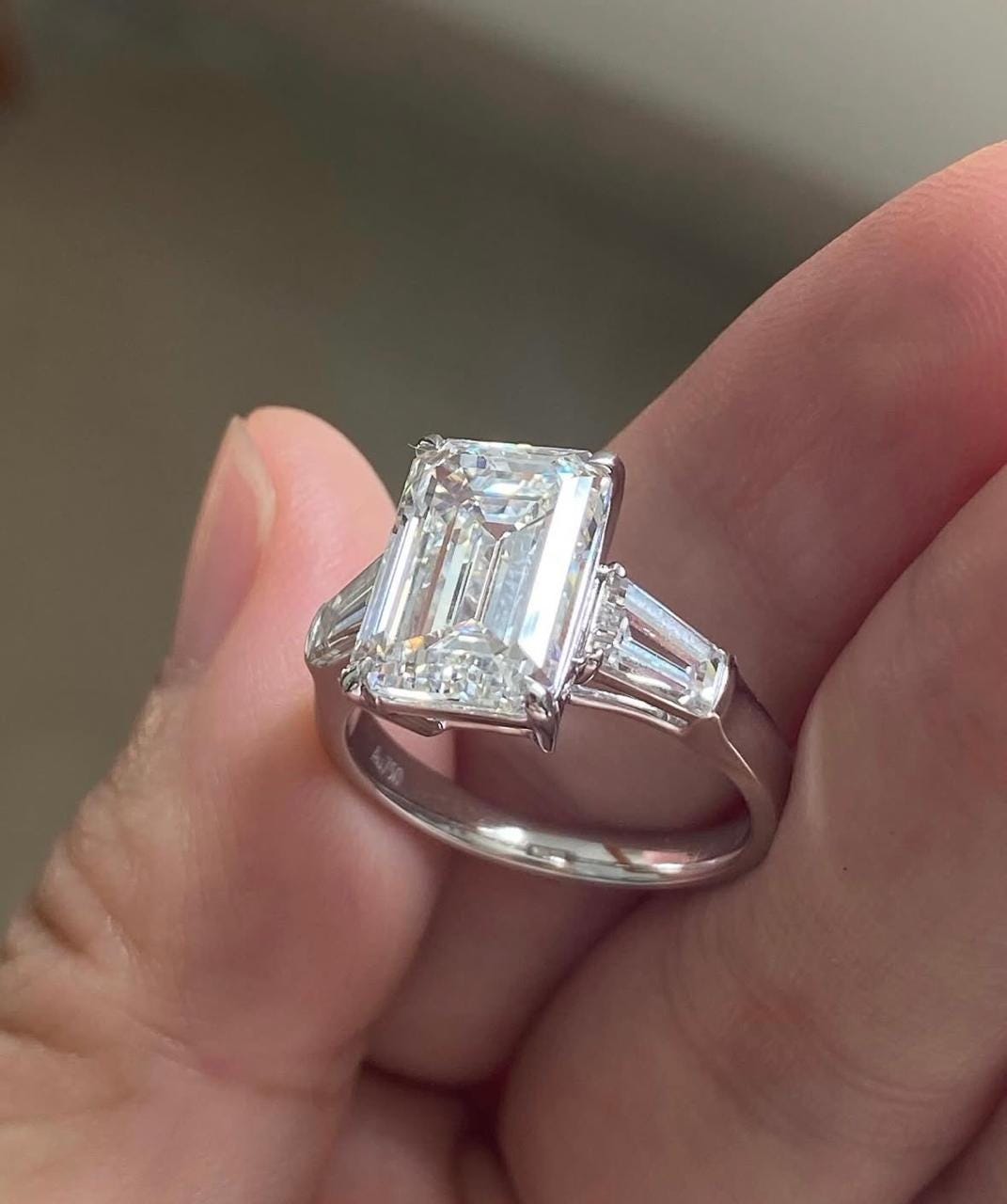 Emerald Cut Moissanite Engagement Ring: 14K White Gold Vermeil, Three Stone