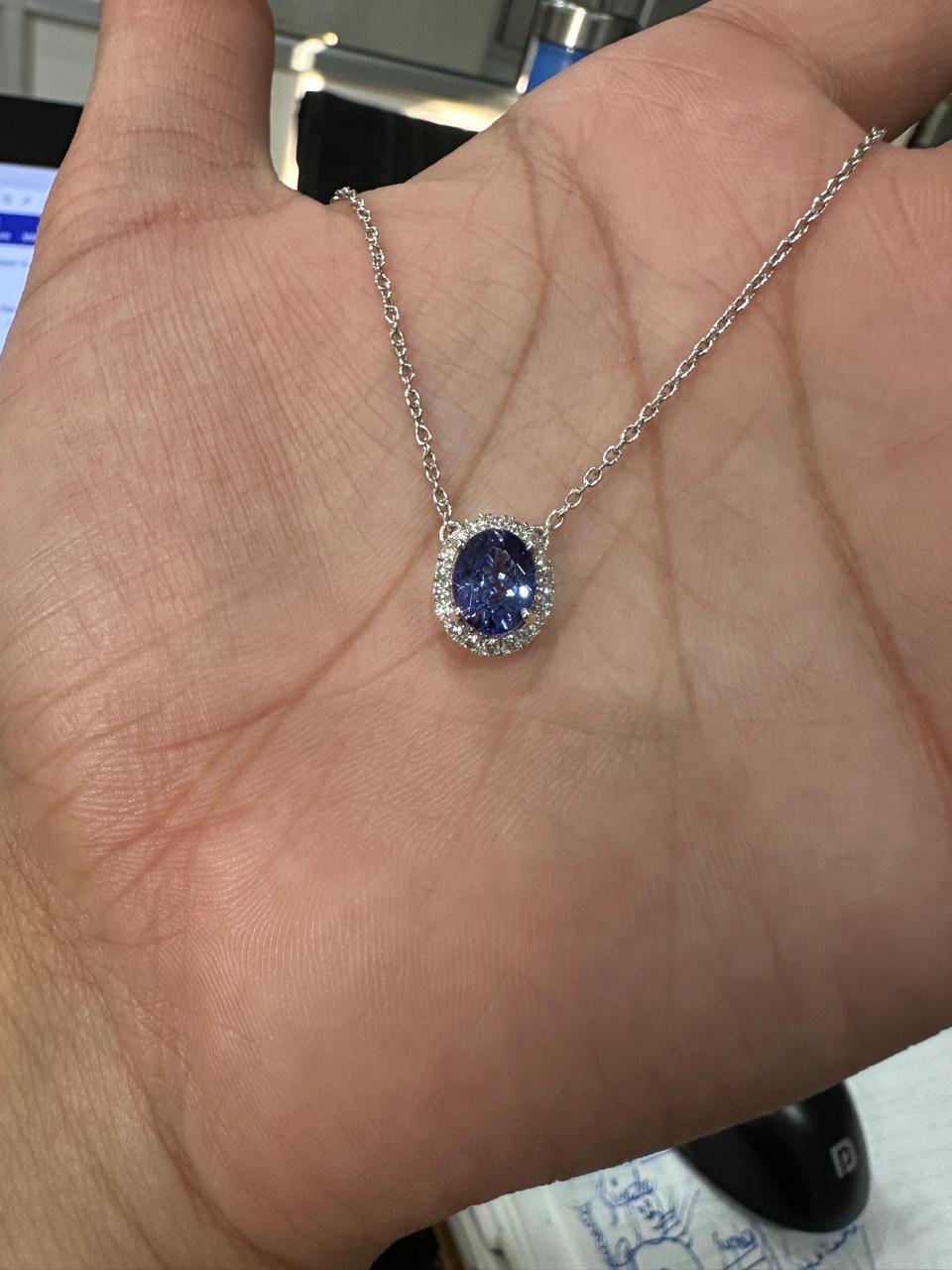 Natural Tanzanite Halo Pendant | 14k White Gold Moissanite Necklace