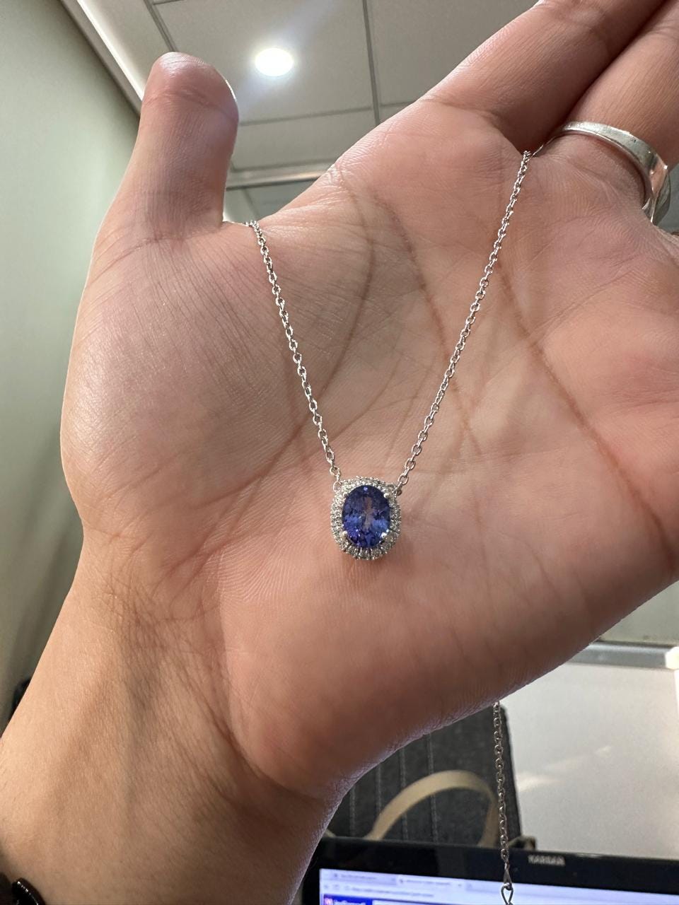 Natural Tanzanite Halo Pendant | 14k White Gold Moissanite Necklace