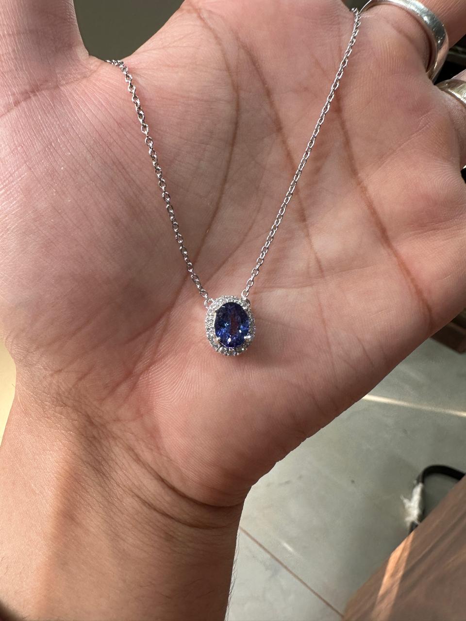 Natural Tanzanite Halo Pendant | 14k White Gold Moissanite Necklace