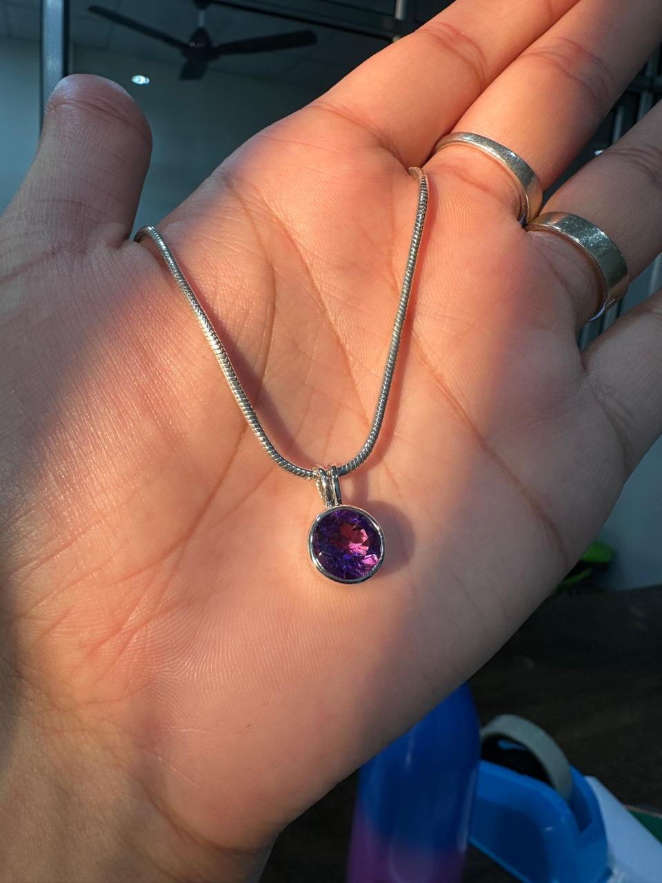 7CT Amethyst Bezel Set Pendant Necklace | 925 Silver | Snake Chain | Gift for him