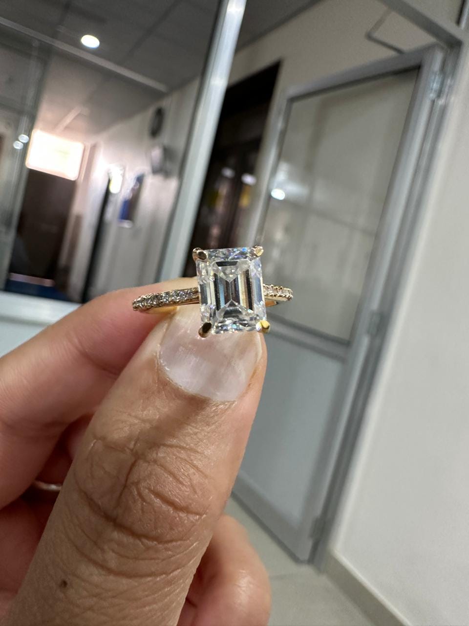 2 CT Emerald Cut Moissanite Engagement Ring, 14K Yellow Gold Pavé Band Proposal Ring