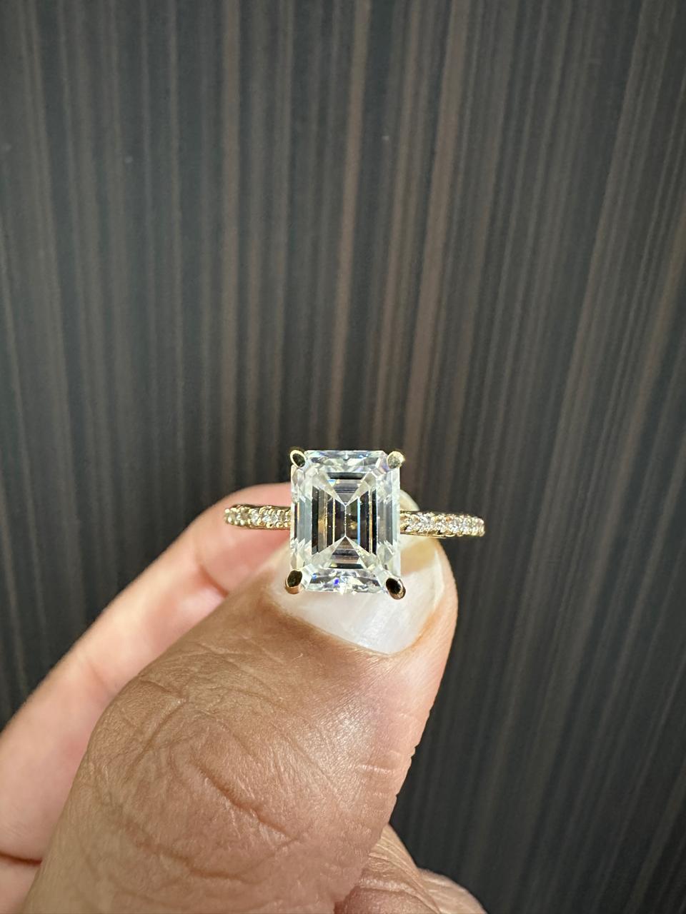 2 CT Emerald Cut Moissanite Engagement Ring, 14K Yellow Gold Pavé Band Proposal Ring