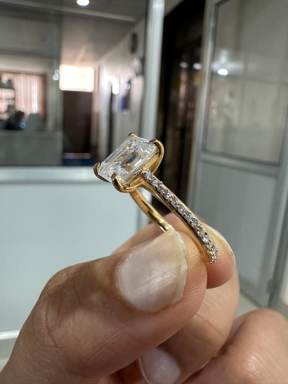 2 CT Emerald Cut Moissanite Engagement Ring, 14K Yellow Gold Pavé Band Proposal Ring