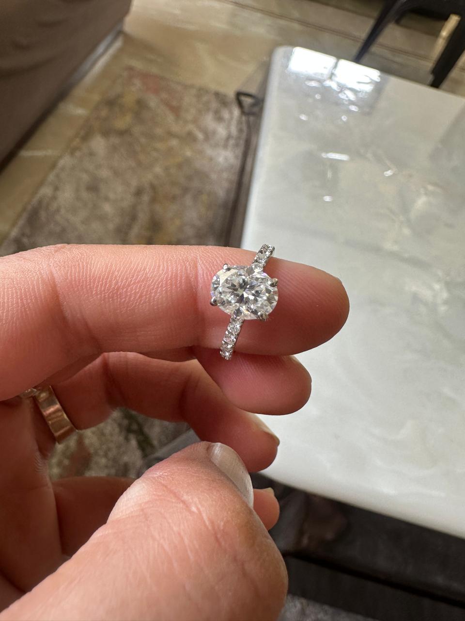 2 CT Oval Moissanite Engagement Ring, 14K White Gold Pavé Band, Minimalist Bridal Ring