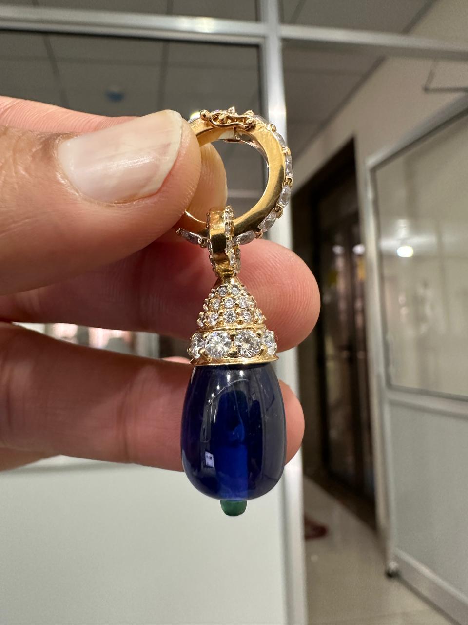 Lab Sapphire Teardrop Pendant | Moissanite, Emerald, 14K Gold Finish