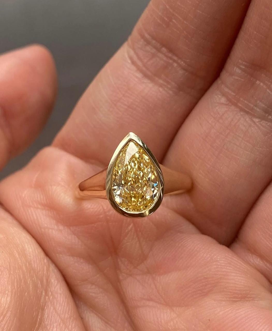Pear Cut Yellow Moissanite Ring, 14K Gold Bezel Set Engagement Ring, Minimalist Solitaire