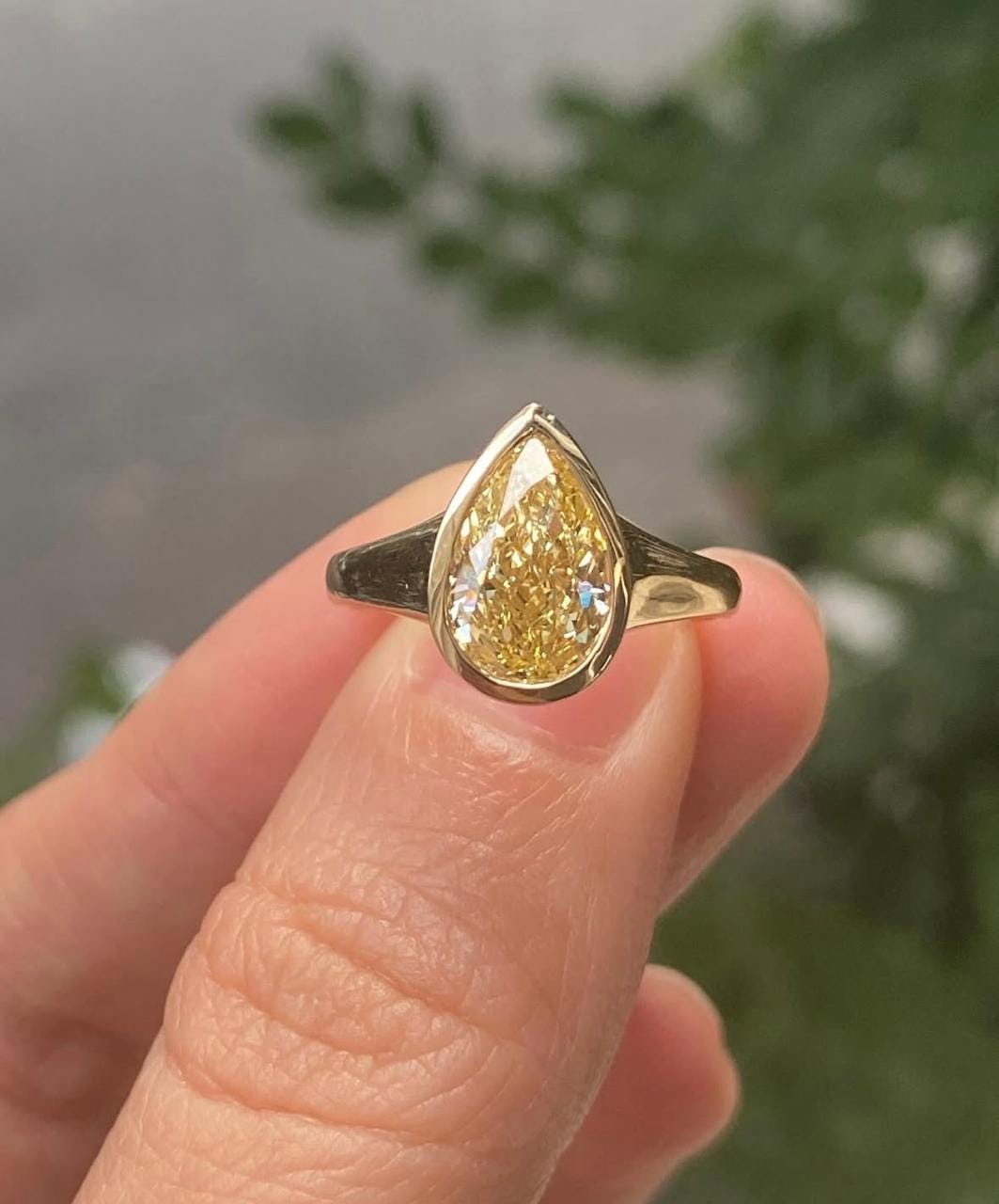Pear Cut Yellow Moissanite Ring, 14K Gold Bezel Set Engagement Ring, Minimalist Solitaire