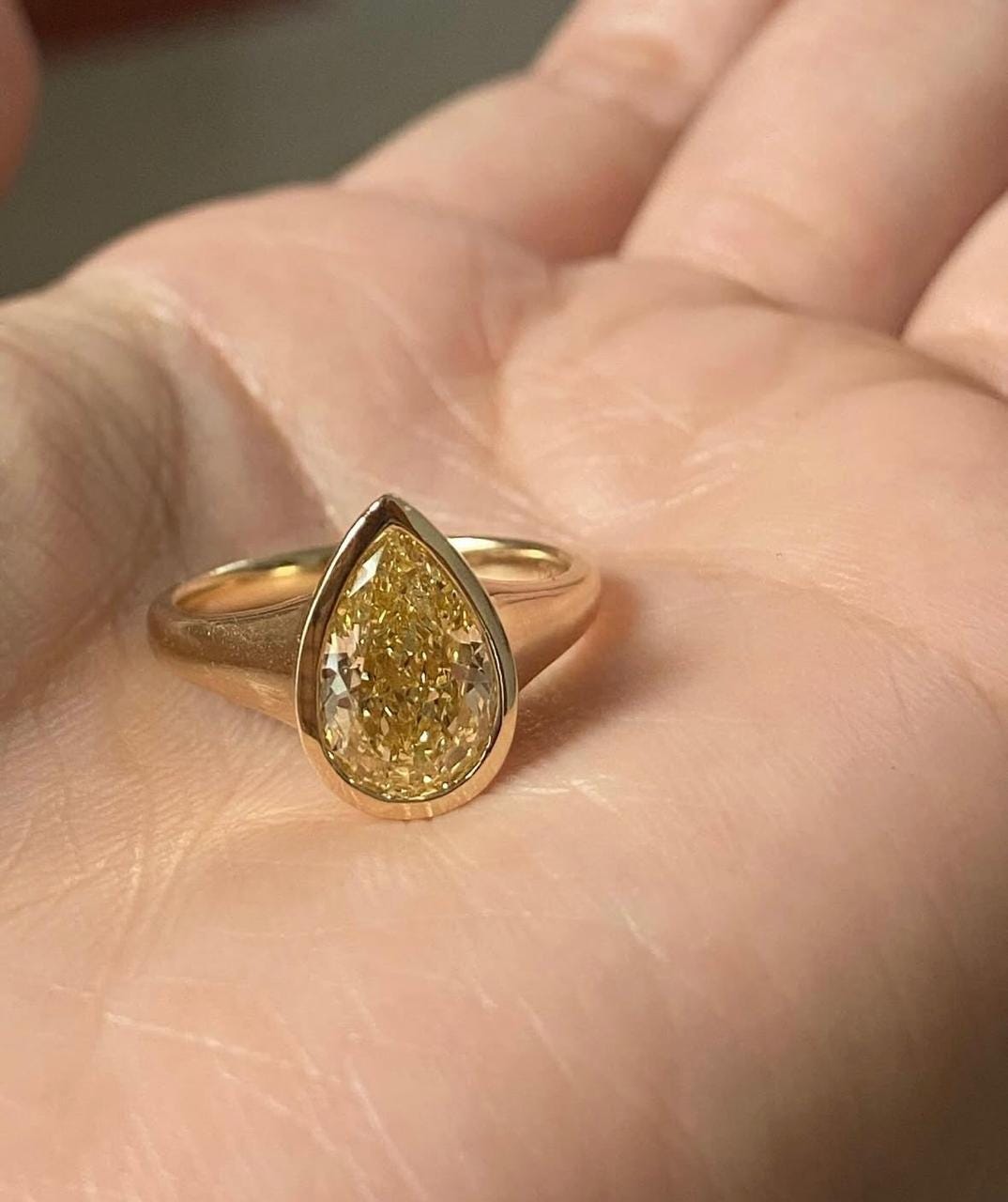 2.5 Ct Pear Yellow Moissanite Engagement Ring | 14K Gold Bezel Set Solitaire Ring