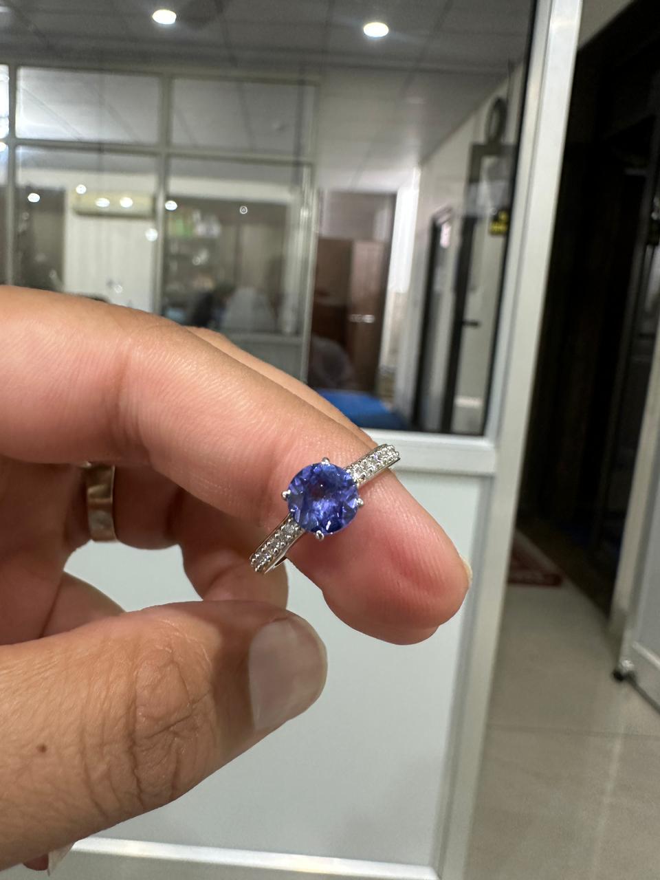 1 CT Round Tanzanite Engagement Ring, 14K White Gold Diamond Pavé Band, Blue-Violet Gemstone
