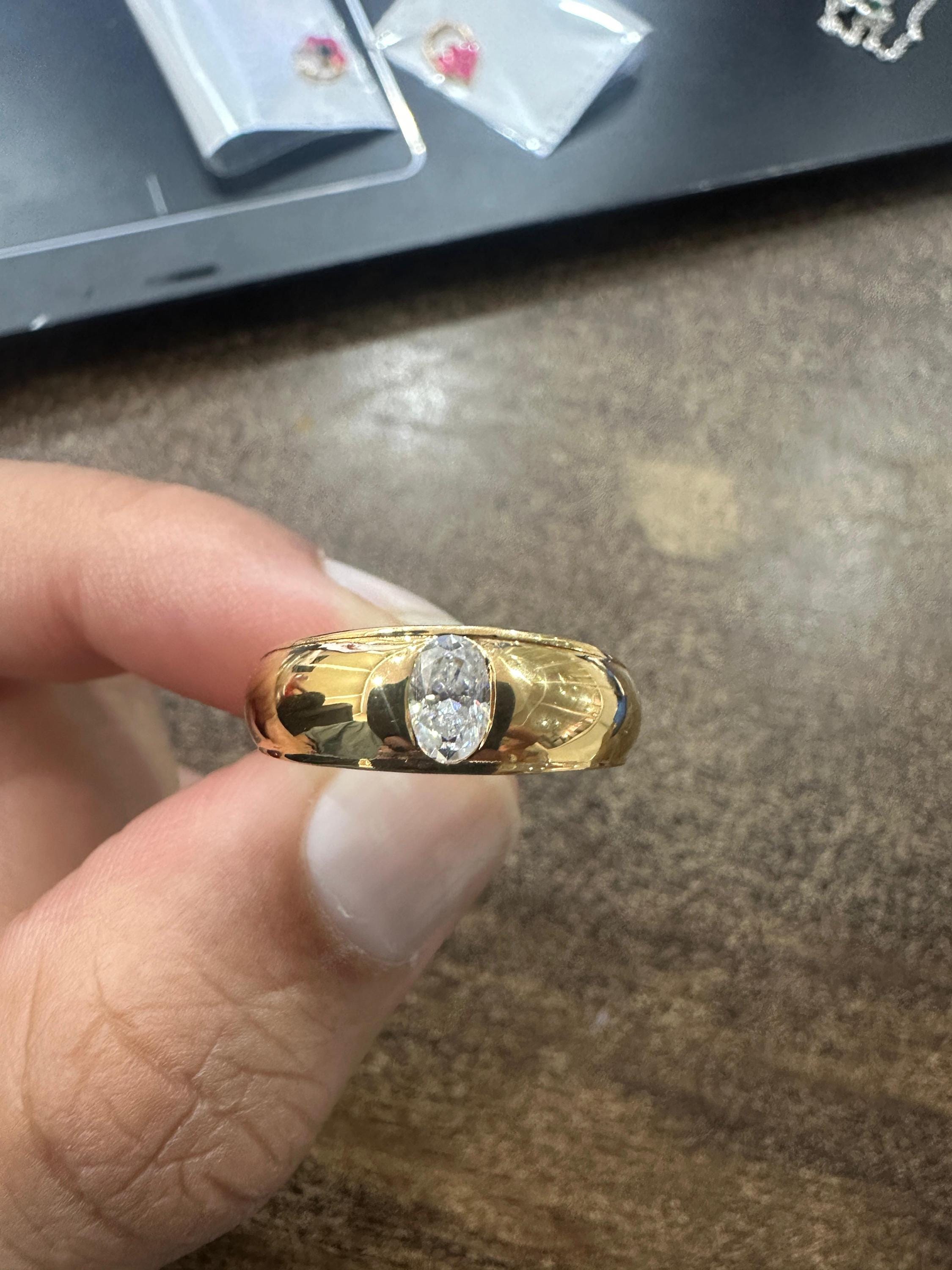 Oval Moissanite Engagement Ring | 14K Gold Bezel Wedding Band