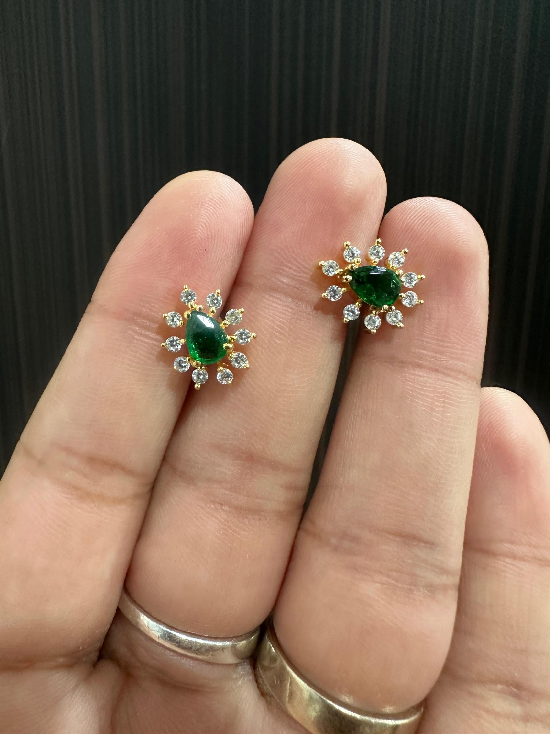 14K Yellow Gold Lab Emerald Earrings | Pear Cut Moissanite Halo Studs