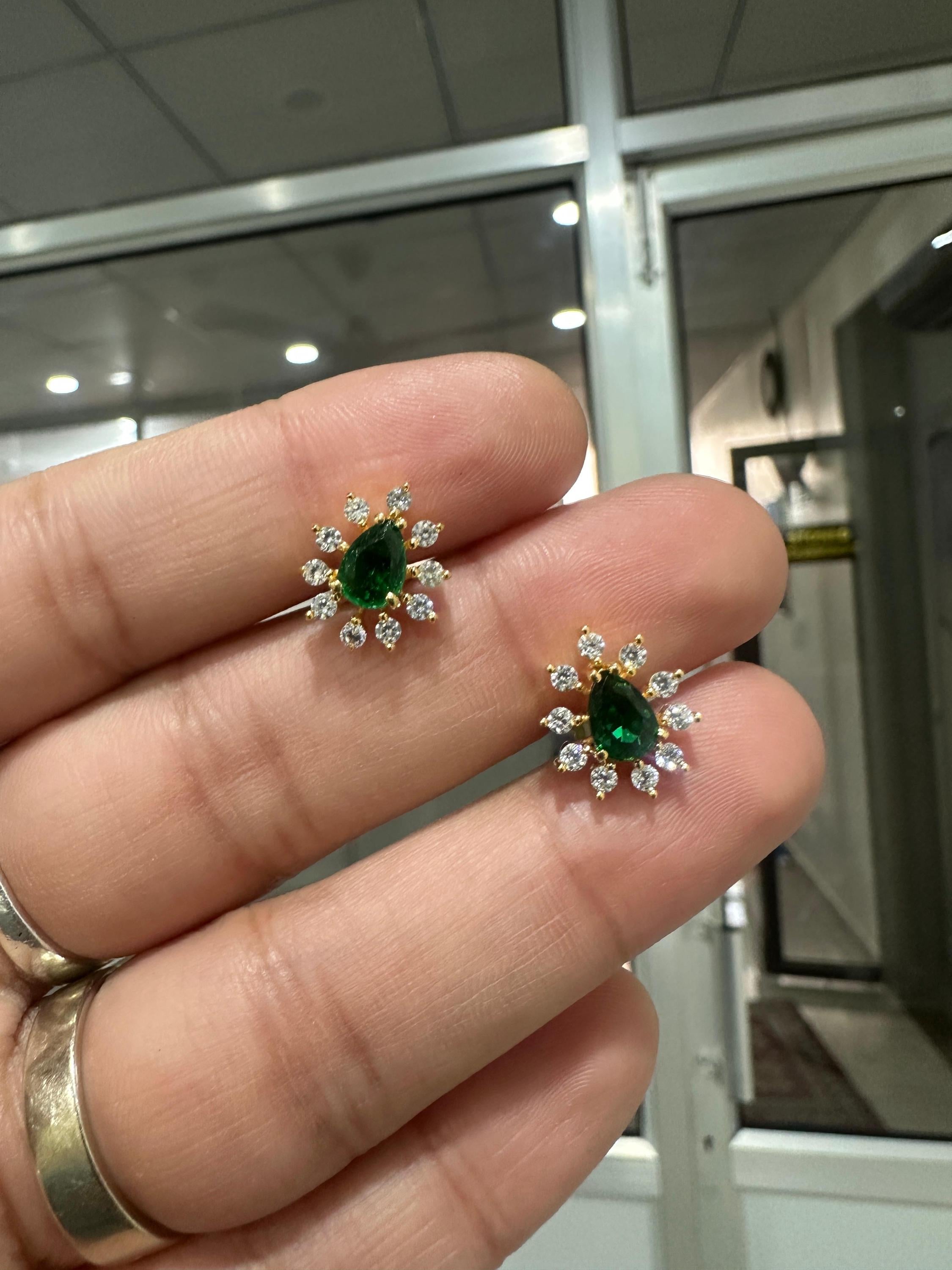 14K Yellow Gold Lab Emerald Earrings | Pear Cut Moissanite Halo Studs
