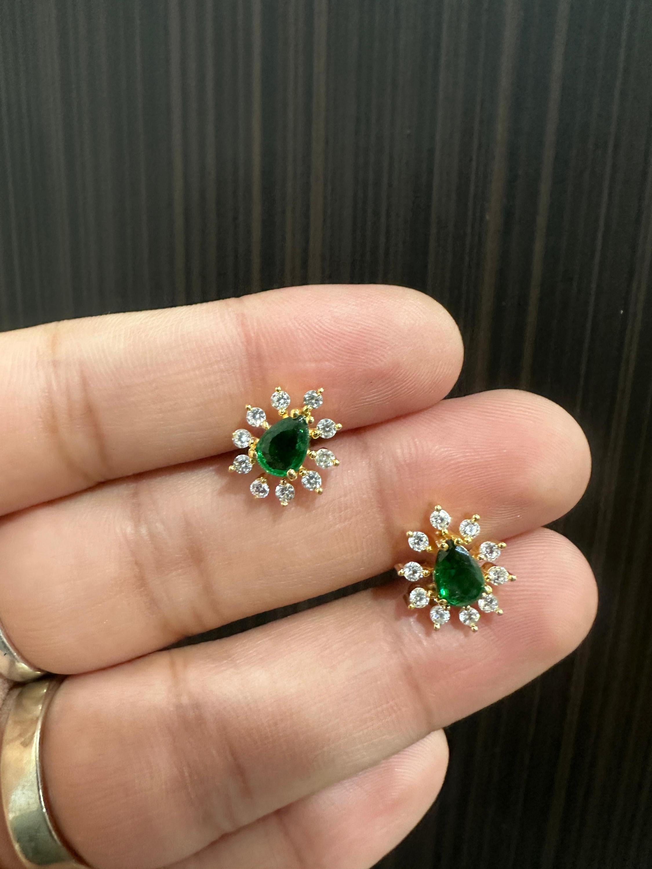14K Yellow Gold Lab Emerald Earrings | Pear Cut Moissanite Halo Studs