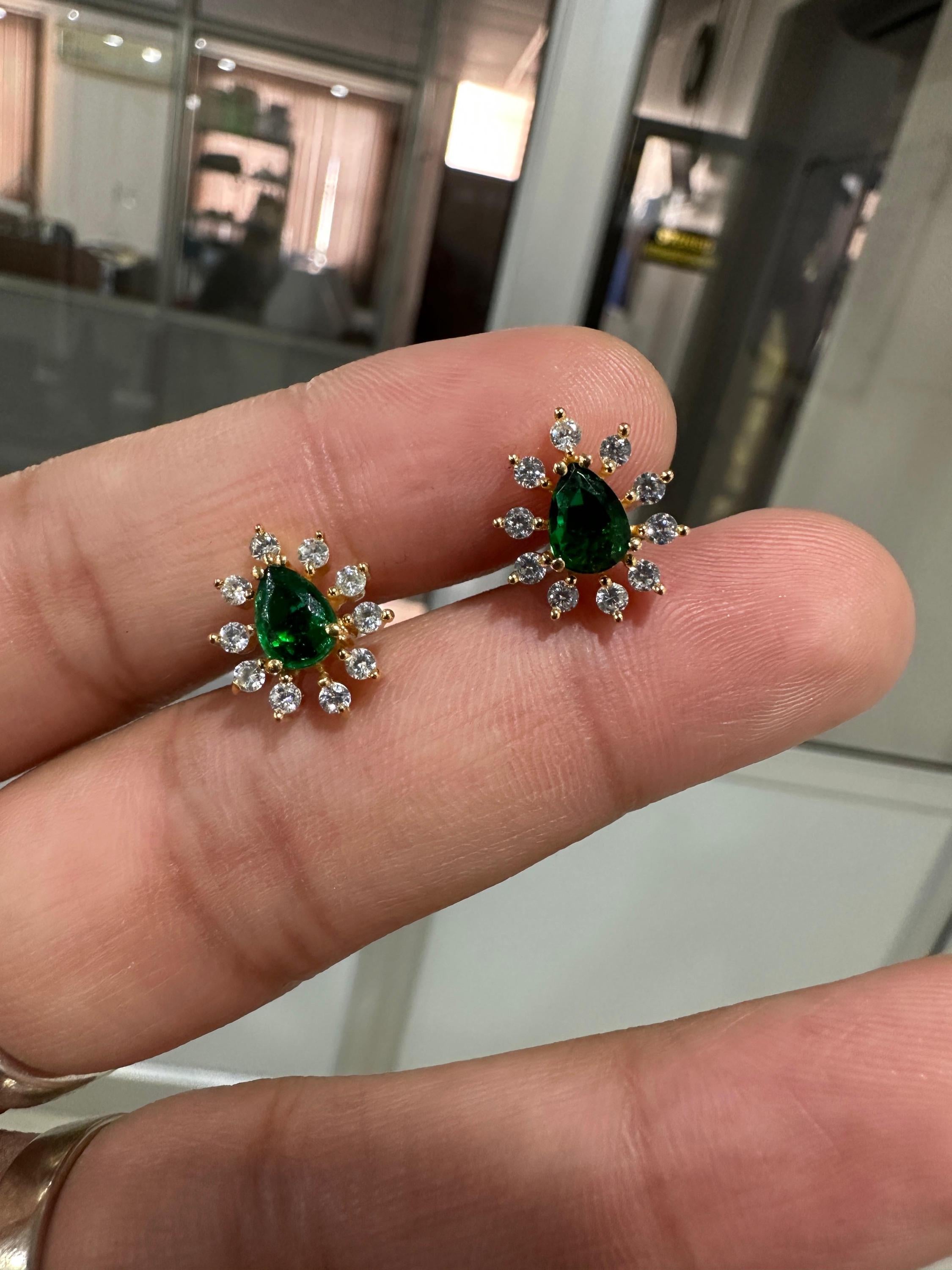 14K Yellow Gold Lab Emerald Earrings | Pear Cut Moissanite Halo Studs