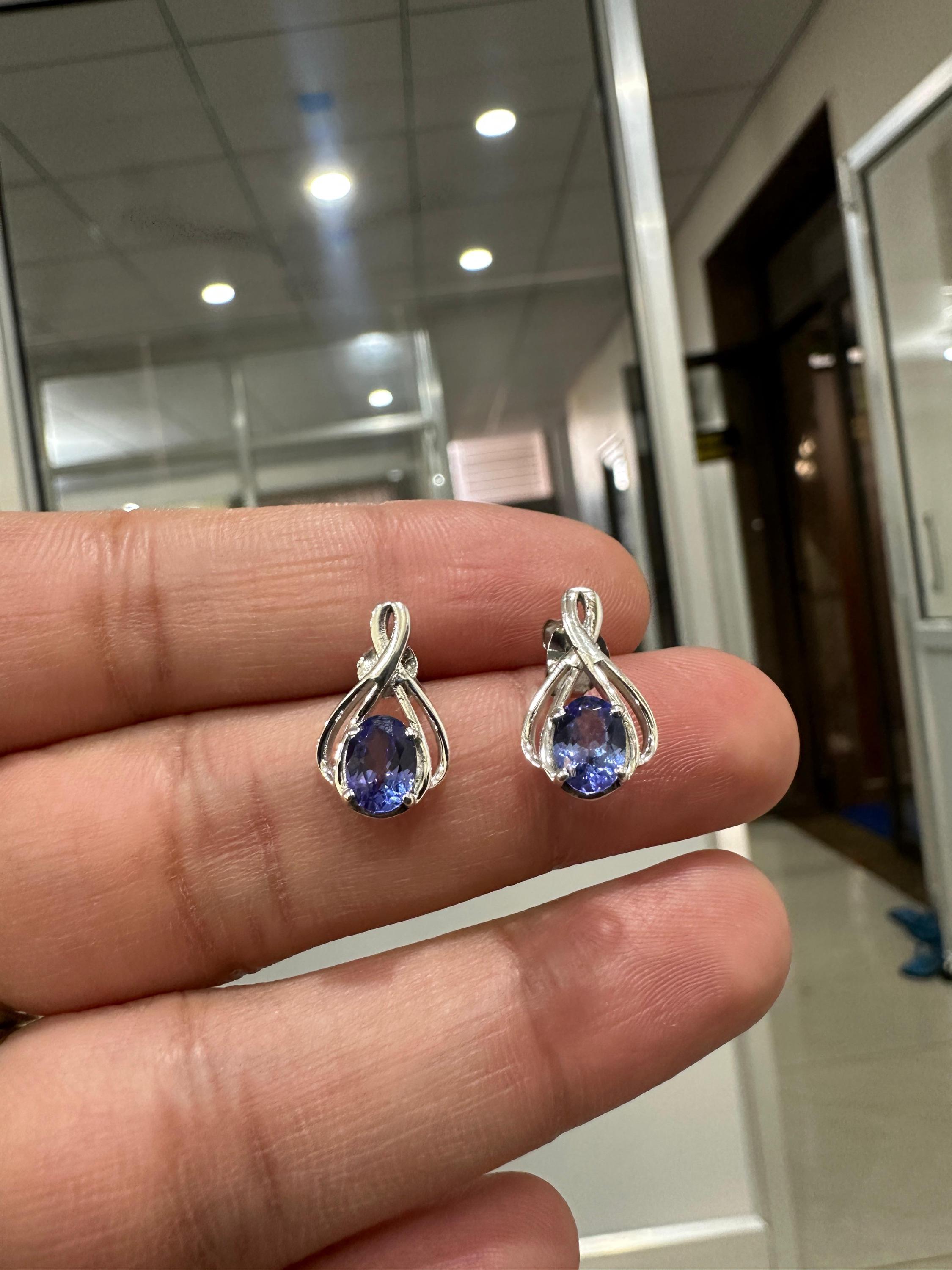 Oval cut Tanzanite Infinity Stud Earrings | 14K White Gold, December Birthstone Jewelry