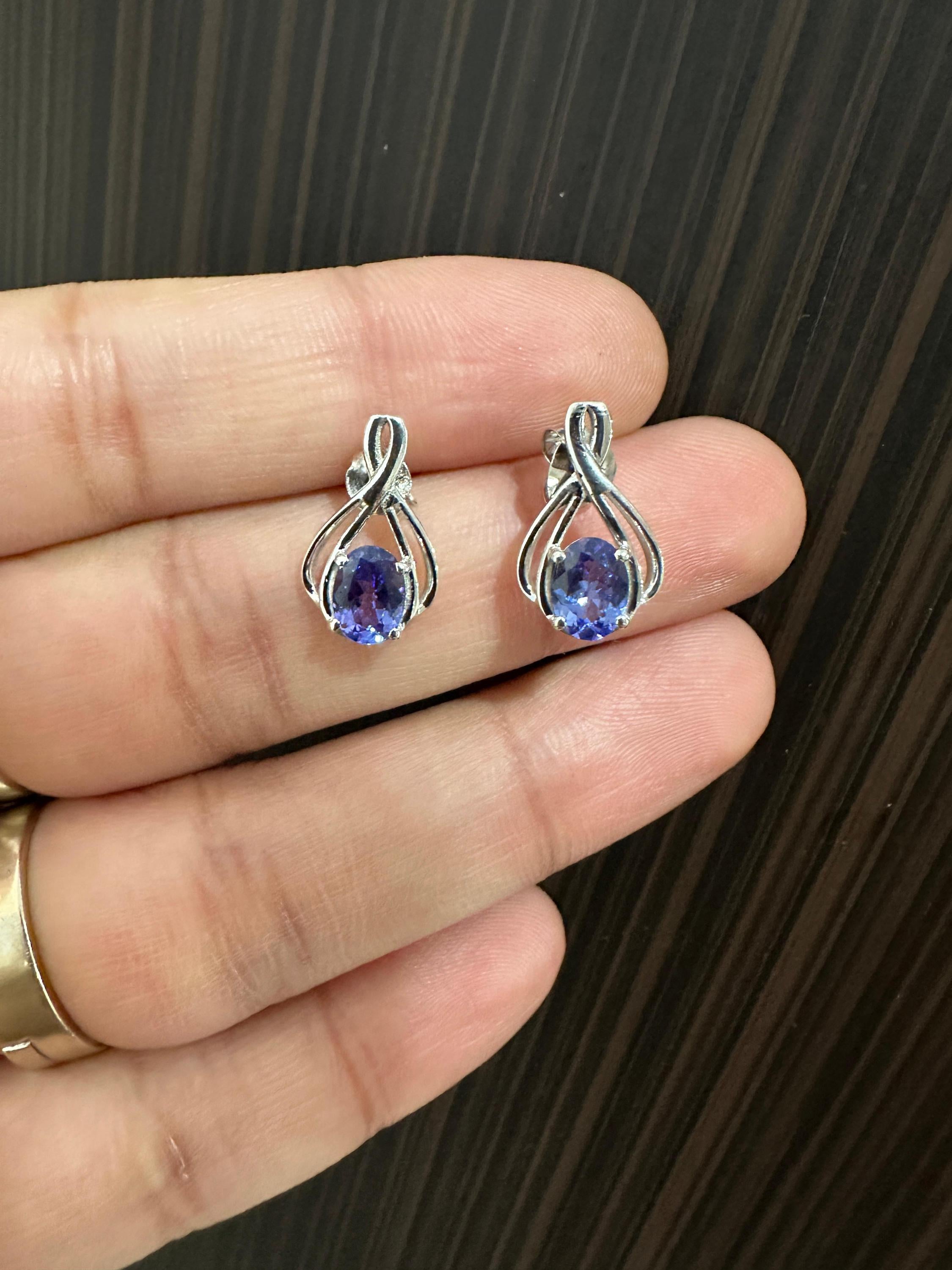 Oval cut Tanzanite Infinity Stud Earrings | 14K White Gold, December Birthstone Jewelry