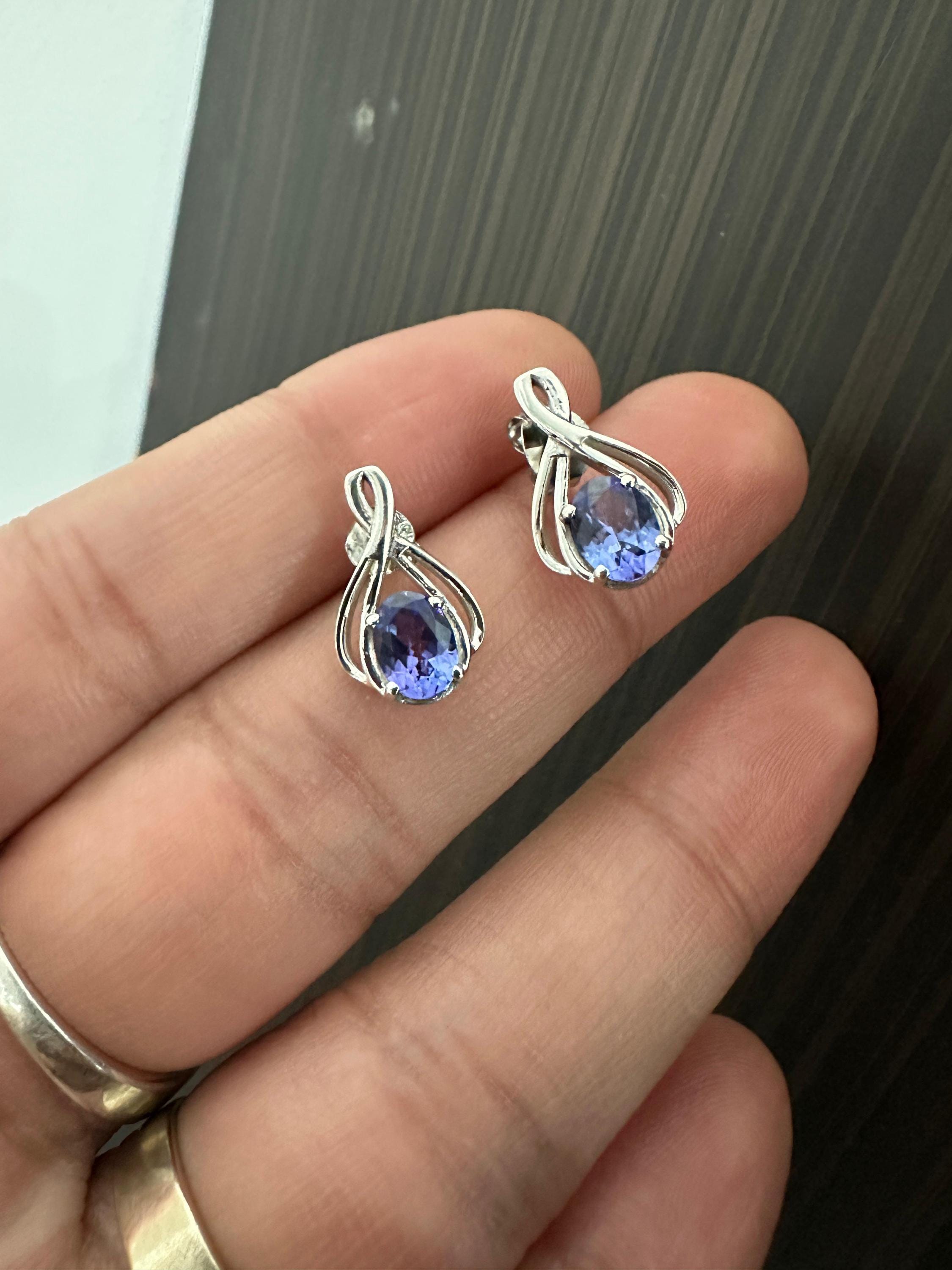 Oval cut Tanzanite Infinity Stud Earrings | 14K White Gold, December Birthstone Jewelry