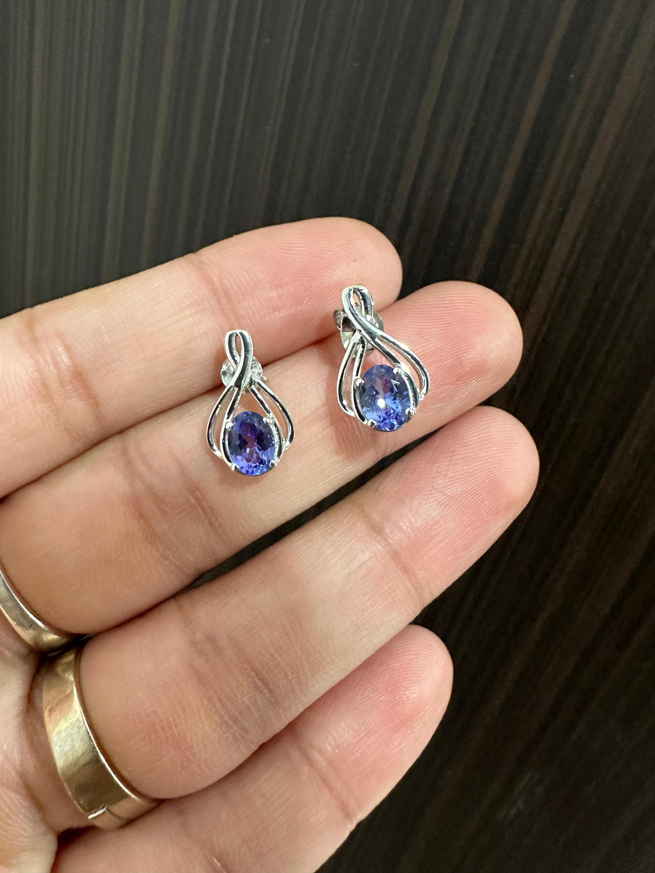 Oval cut Tanzanite Infinity Stud Earrings | 14K White Gold, December Birthstone Jewelry