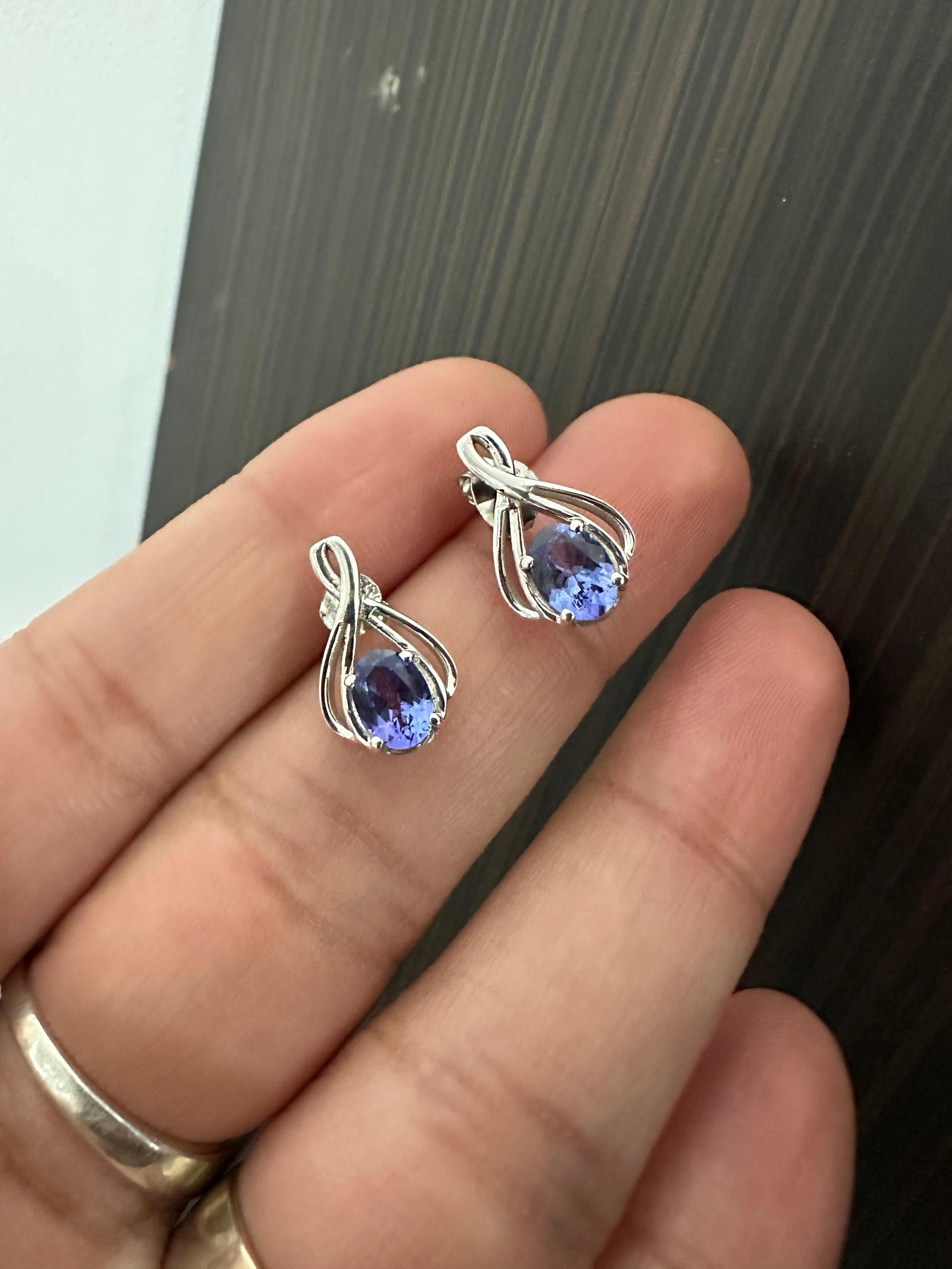 Oval cut Tanzanite Infinity Stud Earrings | 14K White Gold, December Birthstone Jewelry