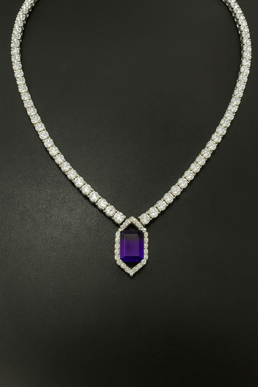 Amethyst Moissanite Tennis Necklace | Statement Gemstone Jewelry for her, Luxury Gift