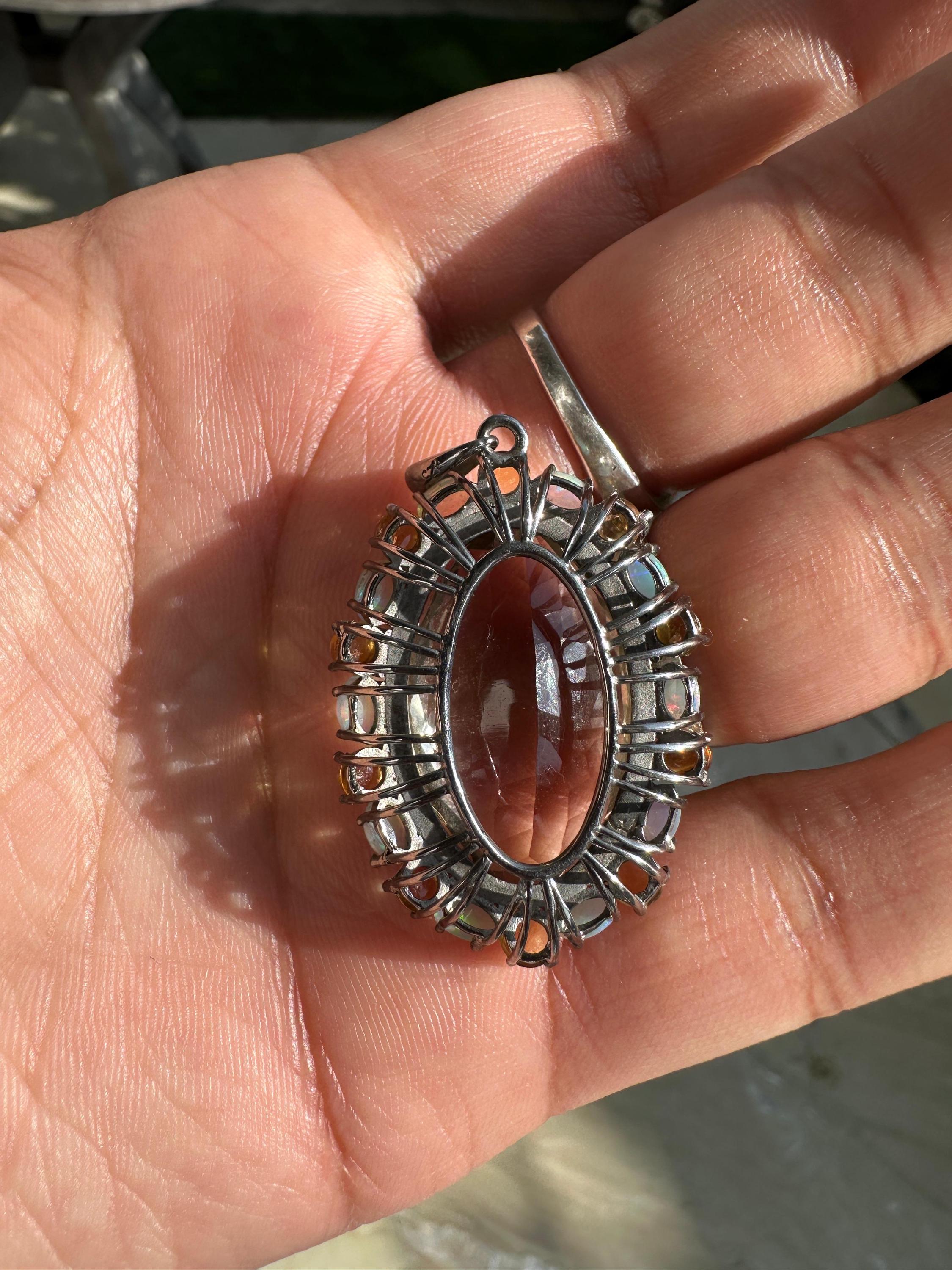 Green Amethyst & Opal Pendant | Sterling Silver Halo Necklace
