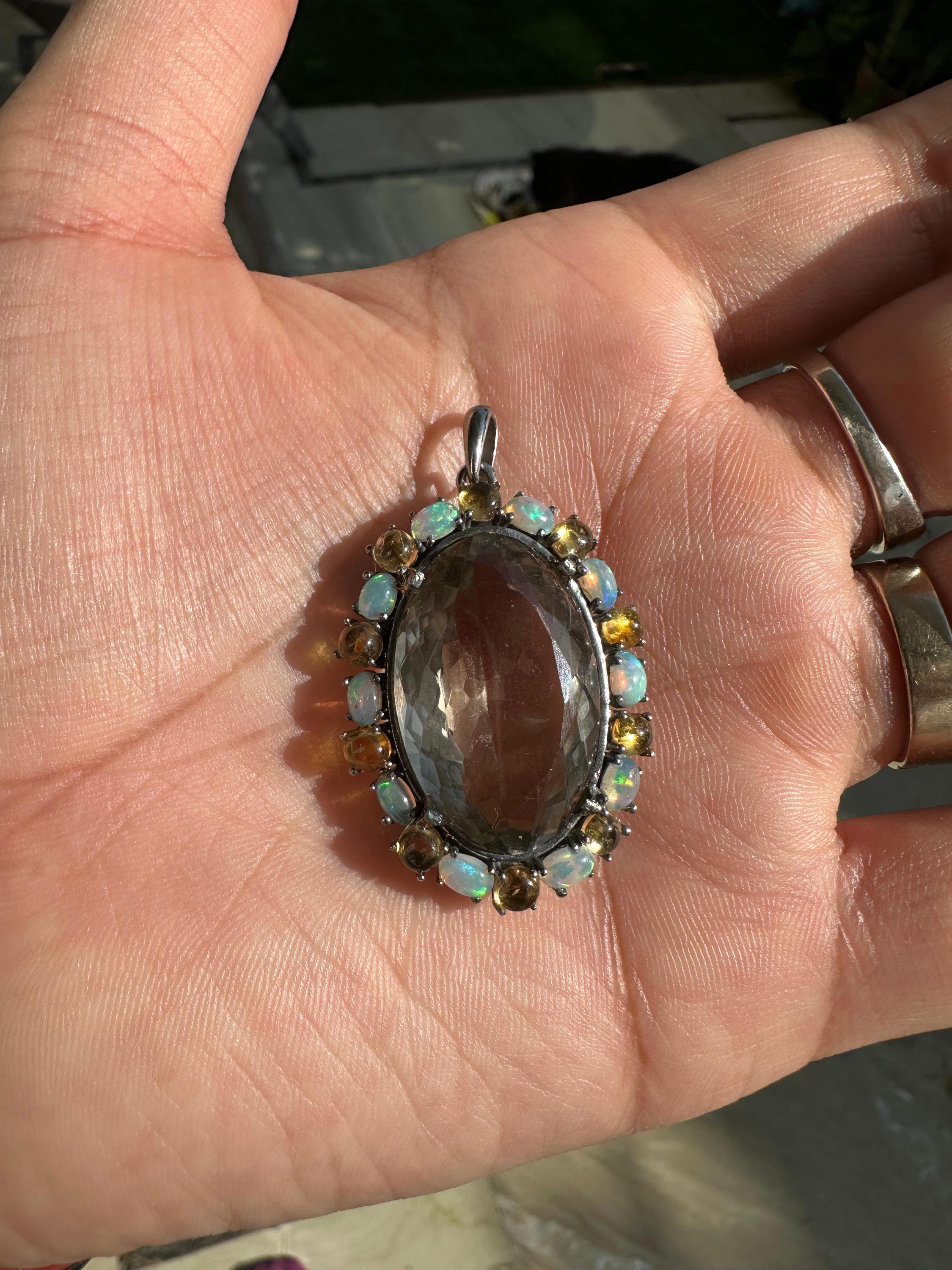 Green Amethyst & Opal Pendant | Sterling Silver Halo Necklace