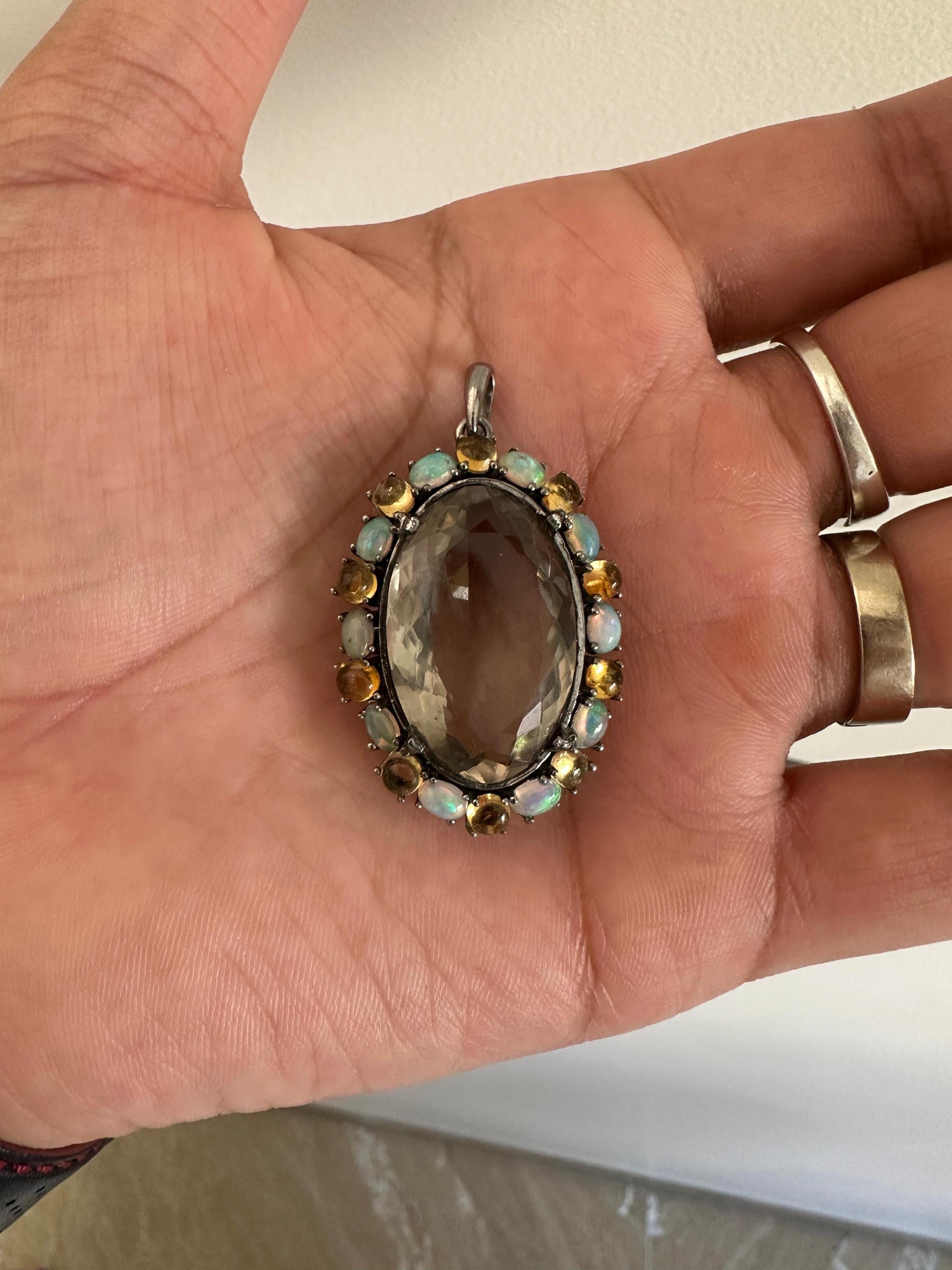 Green Amethyst & Opal Pendant | Sterling Silver Halo Necklace