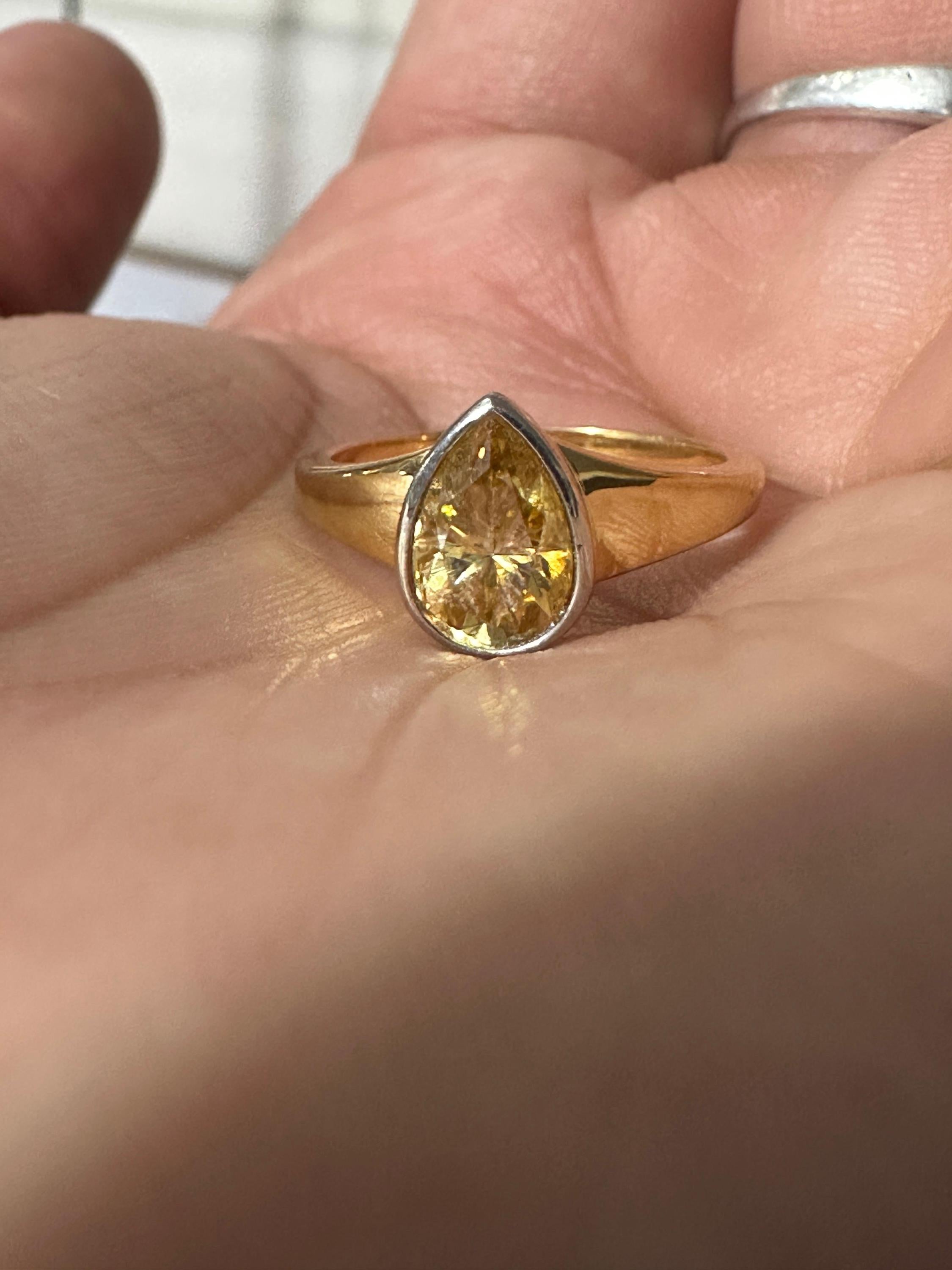 Pear Cut Yellow Moissanite Ring, 14K Gold Bezel Set Engagement Ring, Minimalist Solitaire