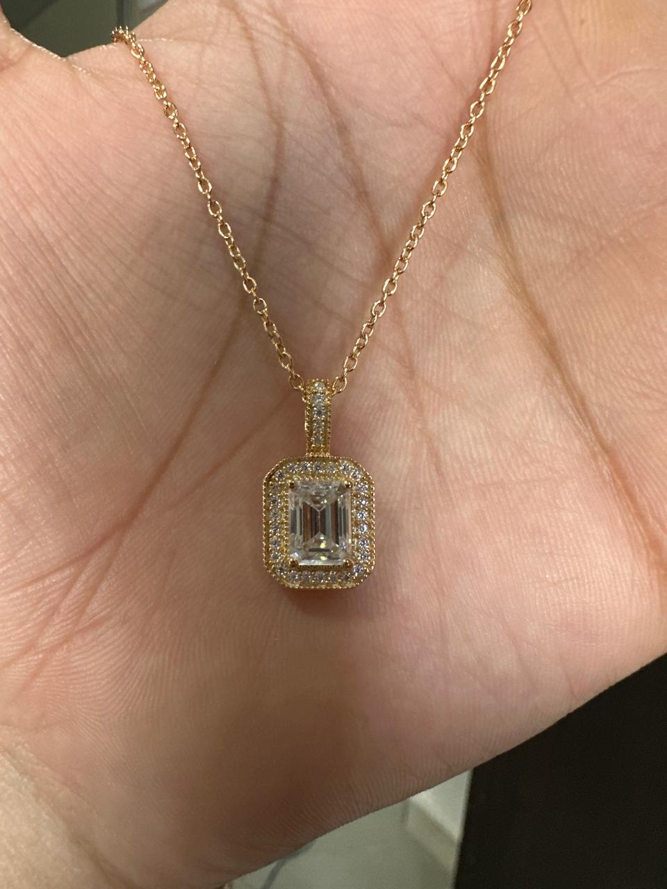 Emerald Cut Moissanite Halo Pendant Necklace, 14K Gold Vermeil, Vintage Style Necklace