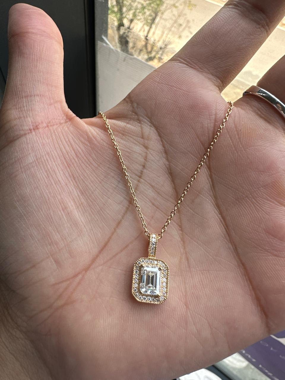 Emerald Cut Moissanite Halo Pendant Necklace, 14K Gold Vermeil, Vintage Style Necklace