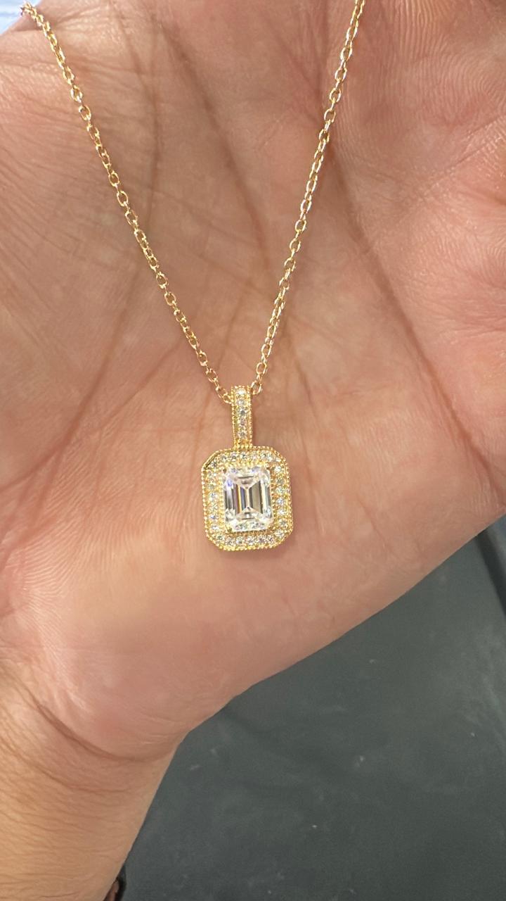 Emerald Cut Moissanite Halo Pendant Necklace, 14K Gold Vermeil, Vintage Style Necklace