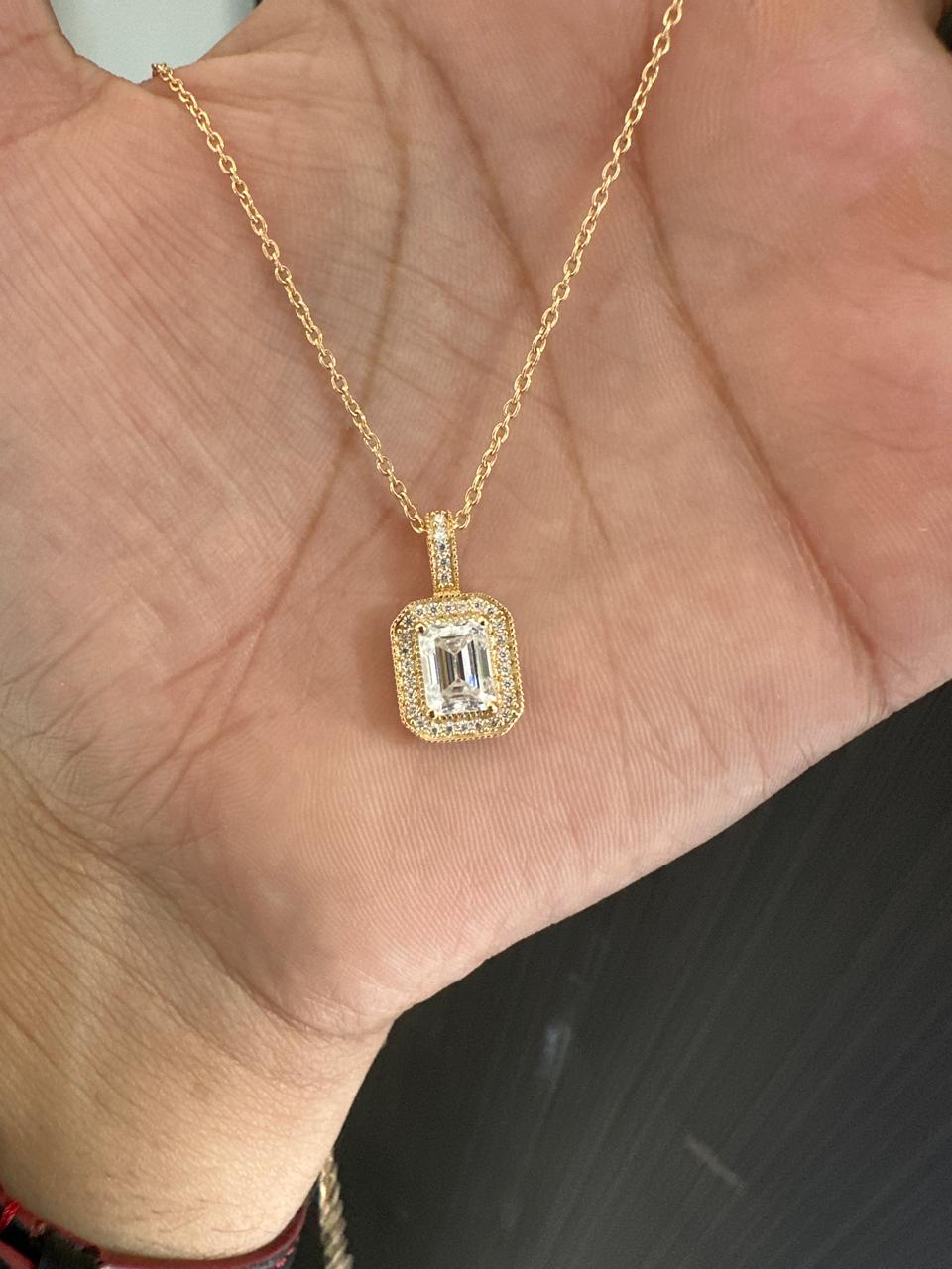 Emerald Cut Moissanite Halo Pendant Necklace, 14K Gold Vermeil, Vintage Style Necklace