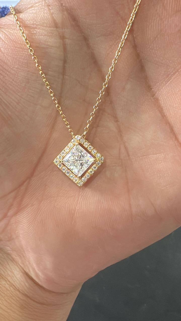 Princess Cut Moissanite Halo Pendant Necklace, 14K Gold Vermeil Jewelry, Gift for Her