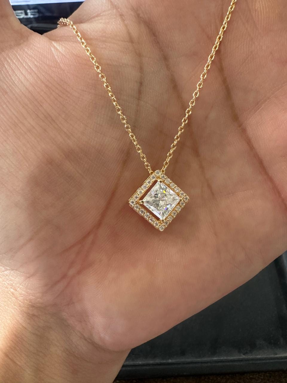 Princess Cut Moissanite Halo Pendant Necklace, 14K Gold Vermeil Jewelry, Gift for Her