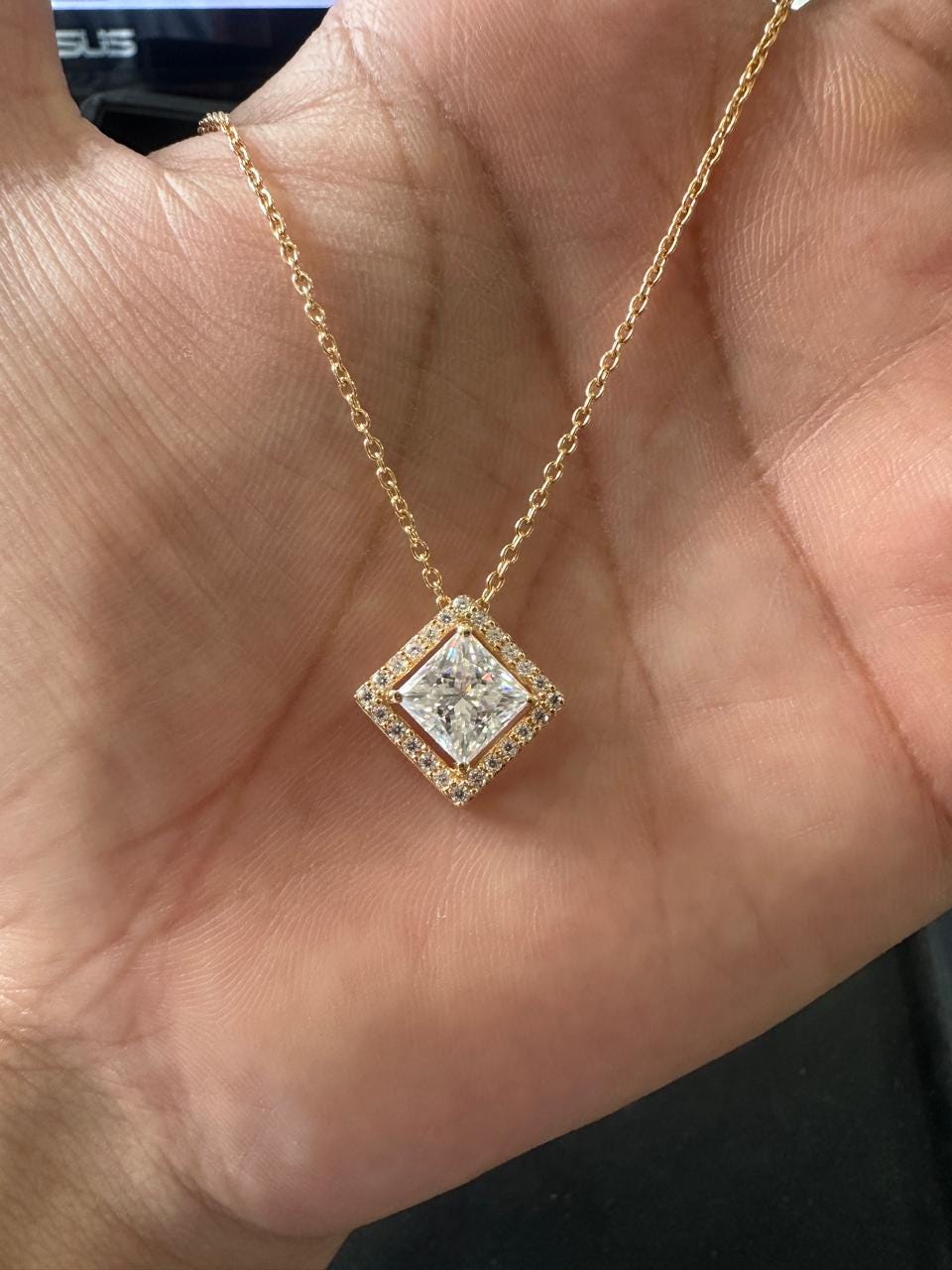 Princess Cut Moissanite Halo Pendant Necklace, 14K Gold Vermeil Jewelry, Gift for Her