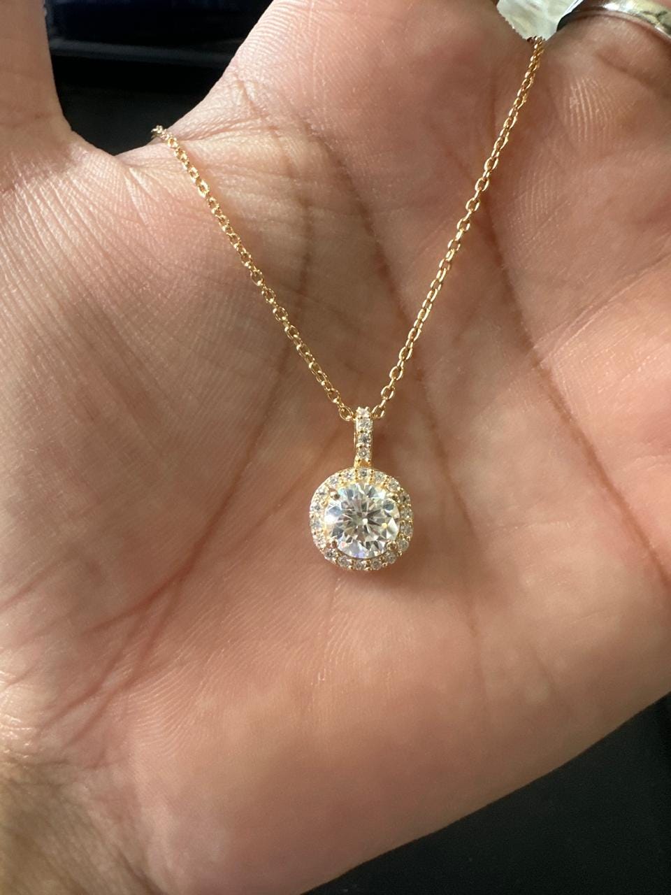 Round Cut Moissanite Halo Pendant, 14K Yellow Gold Vermeil, Vintage Style Necklace