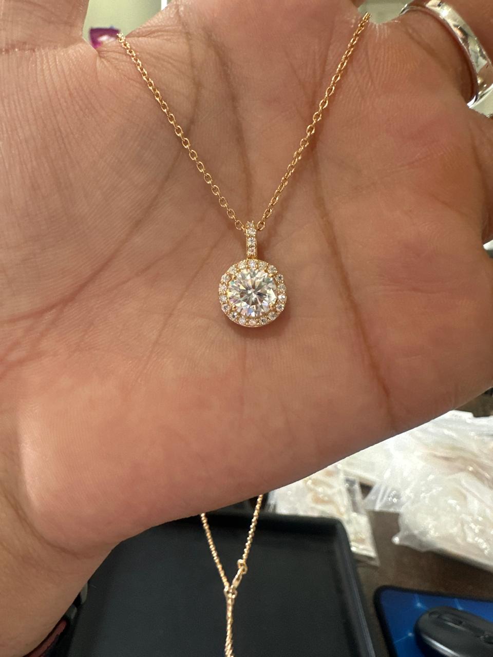 Round Cut Moissanite Halo Pendant, 14K Yellow Gold Vermeil, Vintage Style Necklace
