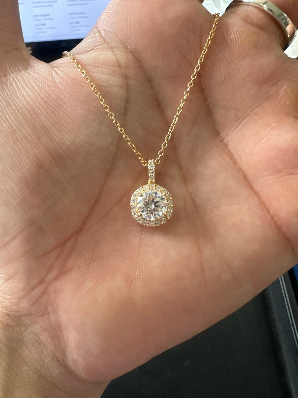 Round Cut Moissanite Halo Pendant, 14K Yellow Gold Vermeil, Vintage Style Necklace