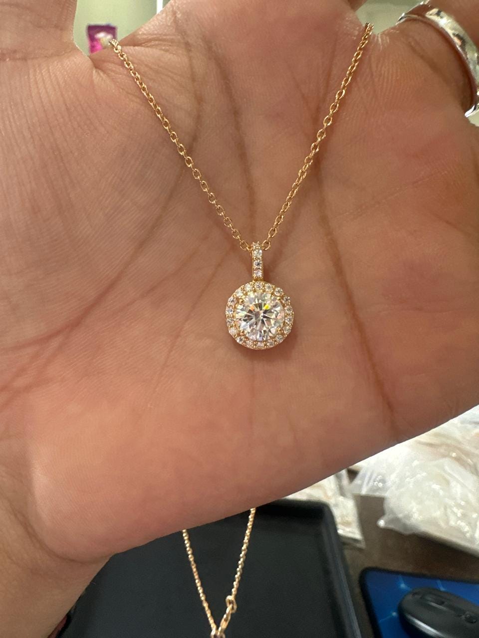 Round Cut Moissanite Halo Pendant, 14K Yellow Gold Vermeil, Vintage Style Necklace