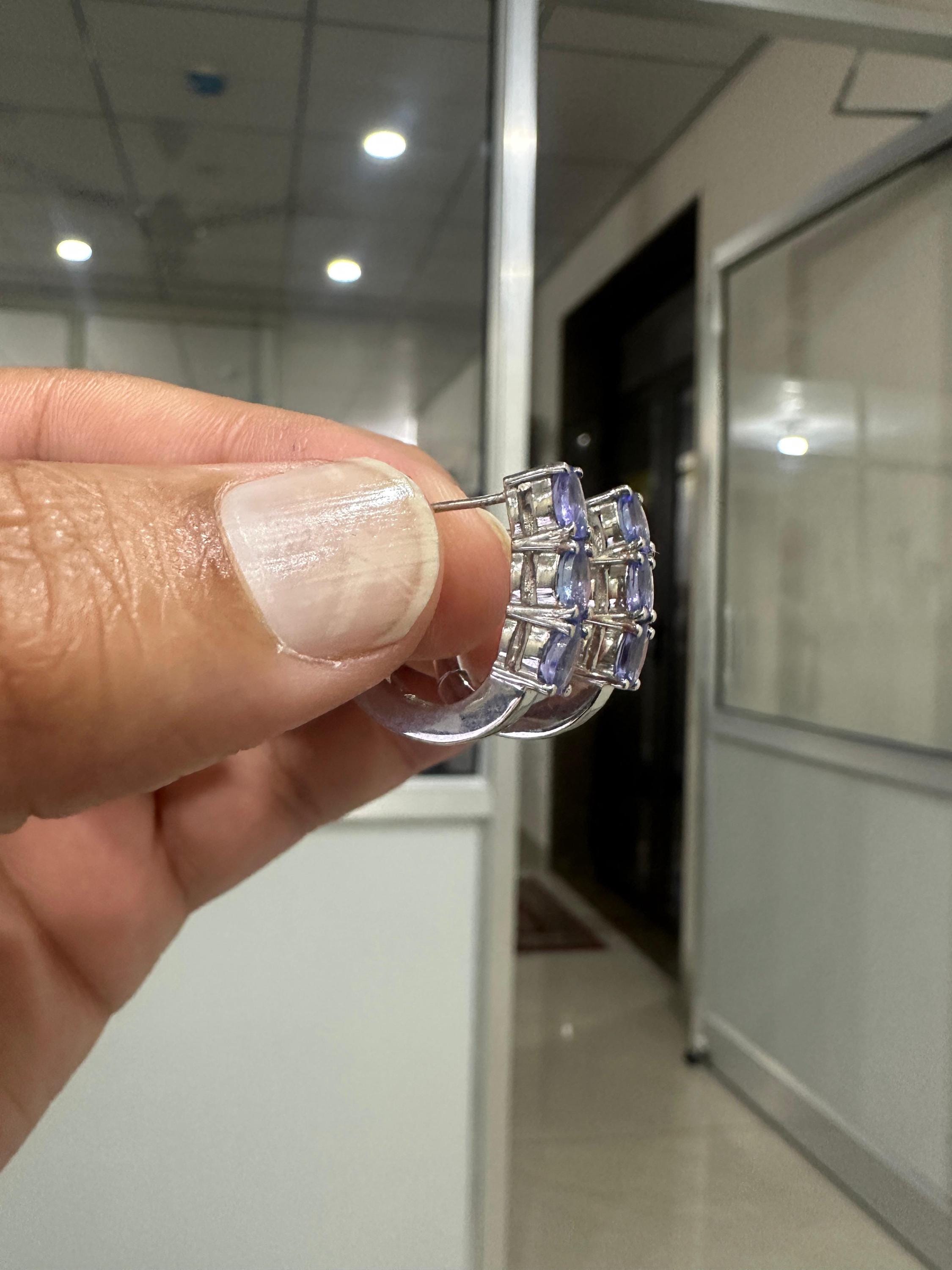 14k White Gold Tanzanite Huggies Hoop Earrings, December Birthstone, Gift for her