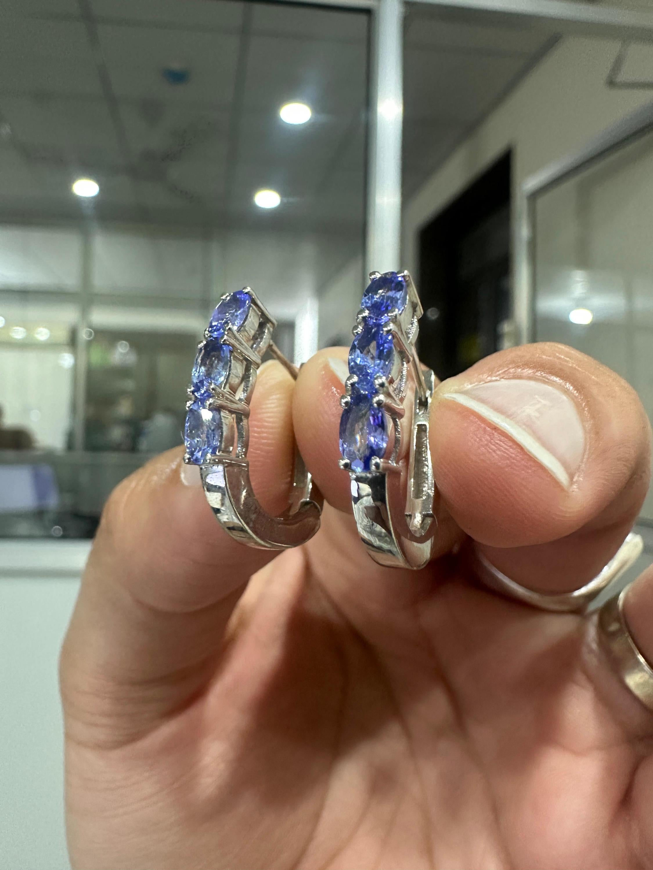 14k White Gold Tanzanite Huggies Hoop Earrings, December Birthstone, Gift for her